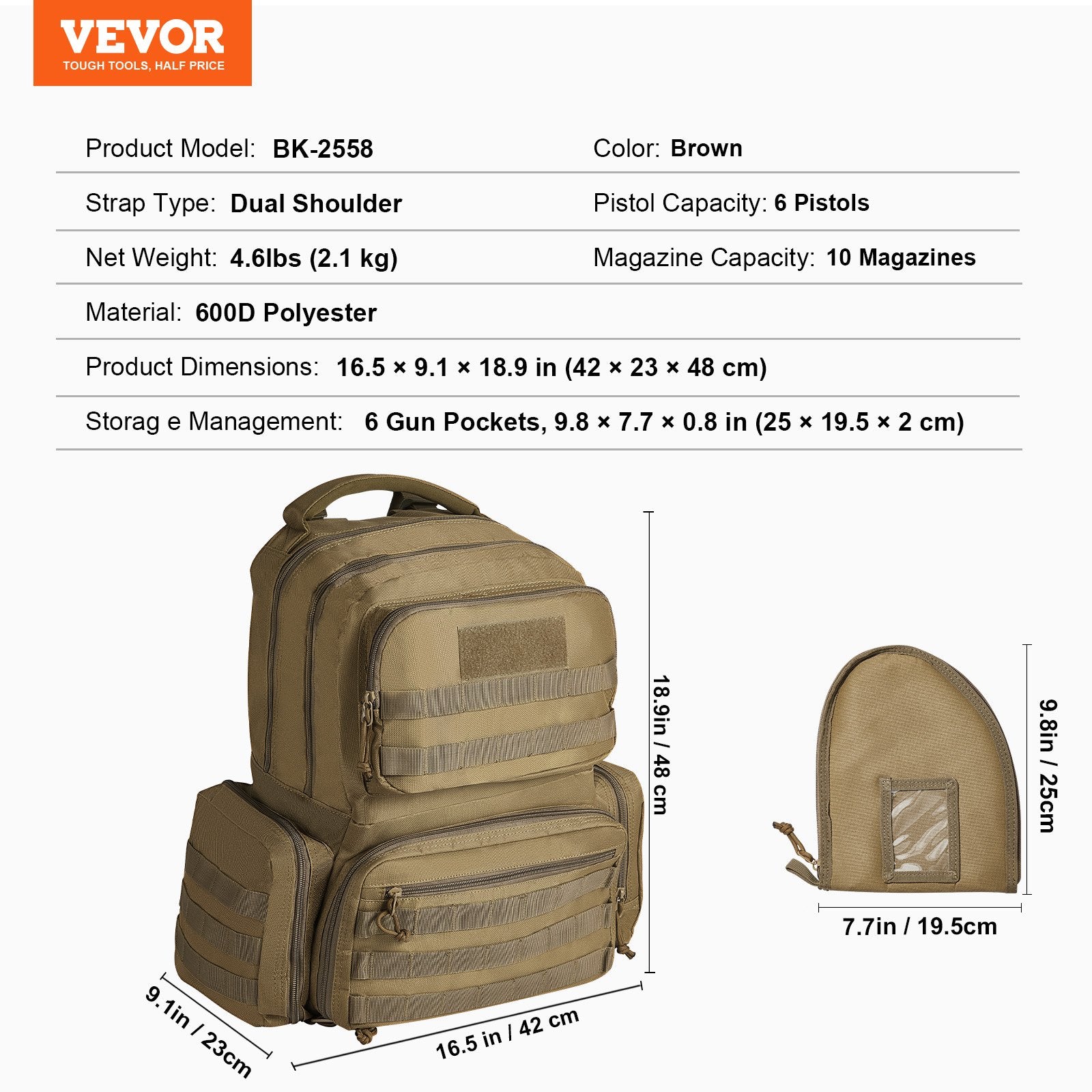 VEVOR Tactical Range Backpack for 6 Pistols, Gun Backpack with 6 Independent Pistol Bags & 10 Magazines, Pistol Backpack for Outdoor Hunting Shooting, Range Bag for Handguns Lockable Zipper, Brown