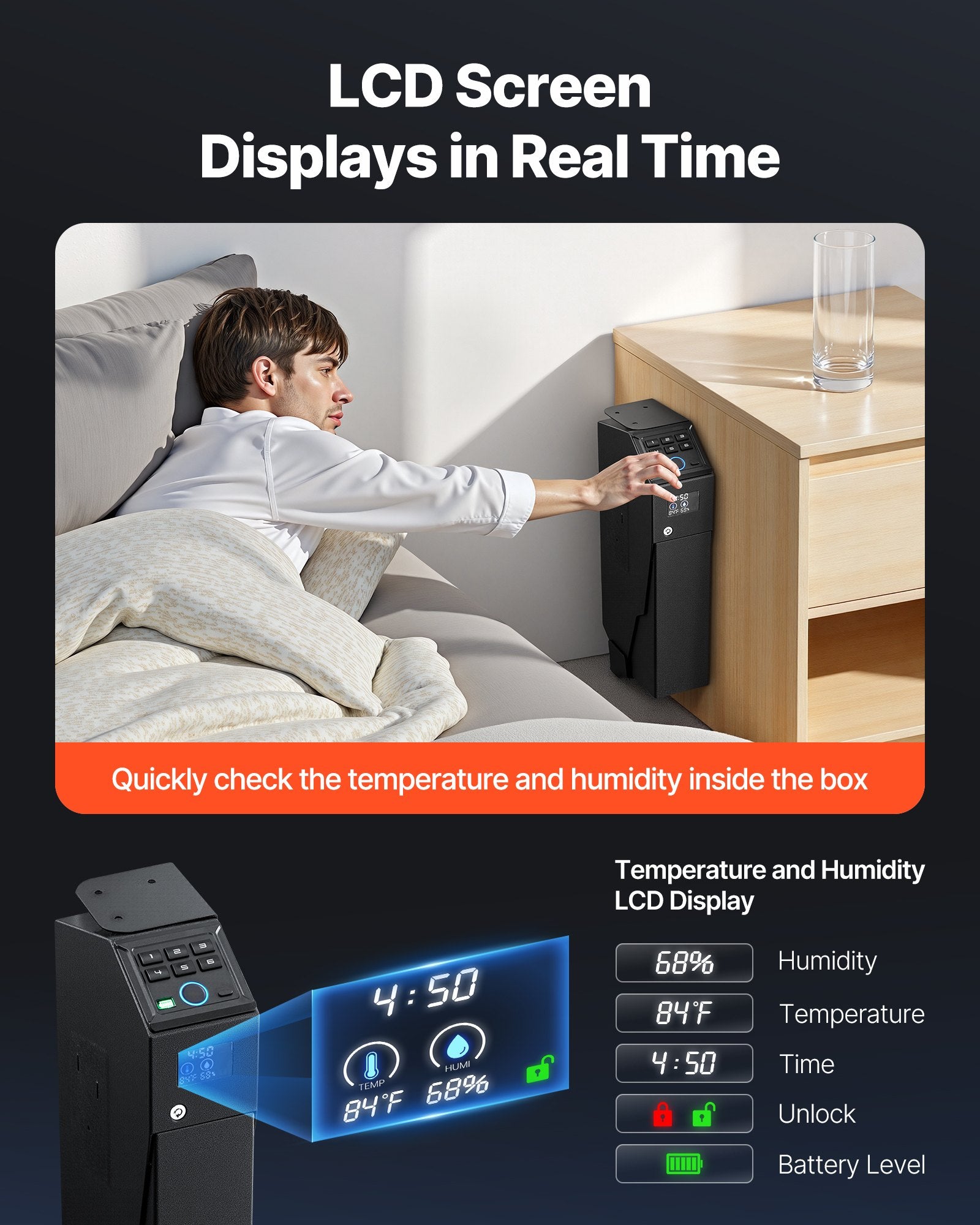 VEVOR Gun Safe, Slider Handgun Gun Safe with Screen, Fingerprint/Password/Key, 3-Way Quick Access Firearm Case Box with LED for 1 Pistol & Magazine, Mounted Gun Box for Nightstand Bedside Desk Car