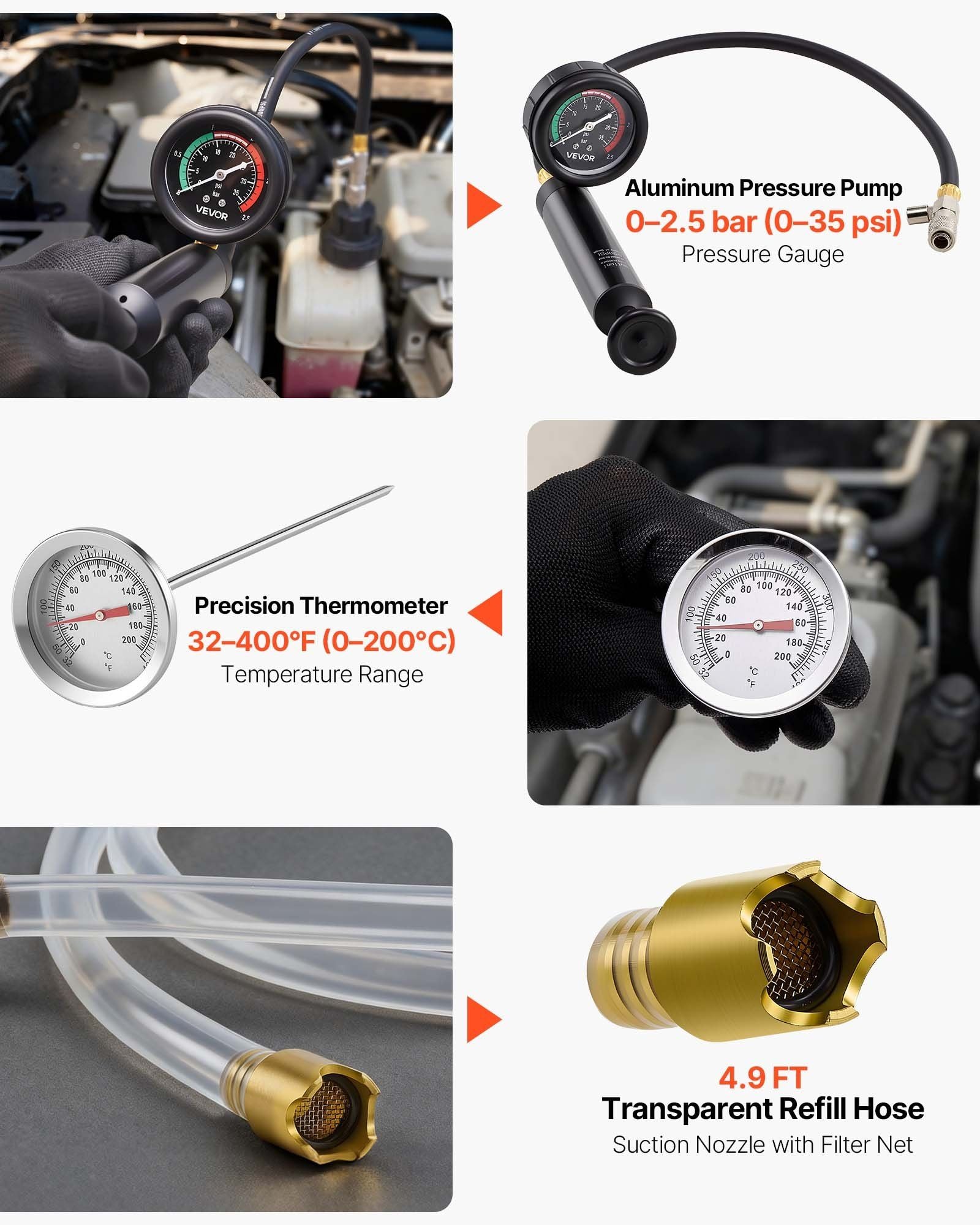 Coolant Pressure Tester Kit, 47Pcs Radiator Vacuum Refill Kit with 3 Metal Adapters, Universal Fit, Automotive Cooling System Pressure Tester Tool, with Pressures Pump & Plastic Filler