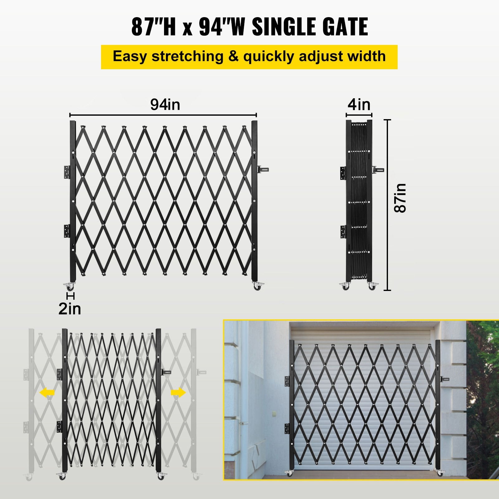 VEVOR Single Folding Security Gate, 85" H x 95" W Folding Door Gate, Steel Accordion Security Gate, Flexible Expanding Security Gate, Rolling Barricade Gate, Scissor Gate/Door with Padlock