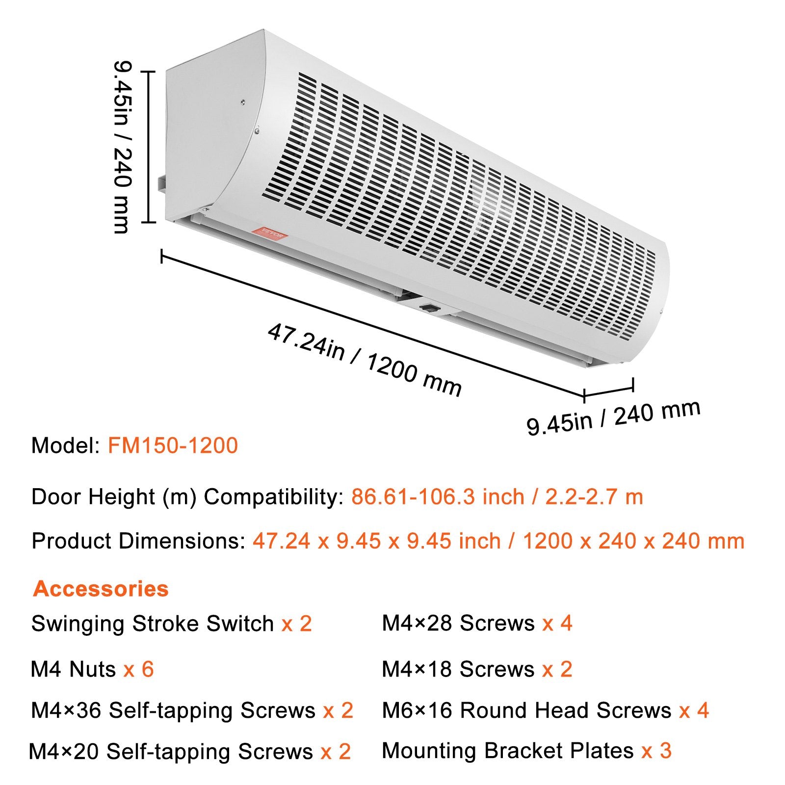 VEVOR 1.2m Commercial Indoor Air Curtain Super Power 2 Speeds 2802m_/h, UL Certified Wall Mounted Air Curtains for Doors, Indoor Over Door Fan with Heavy Duty Limit Switch, Easy-Install Unheated