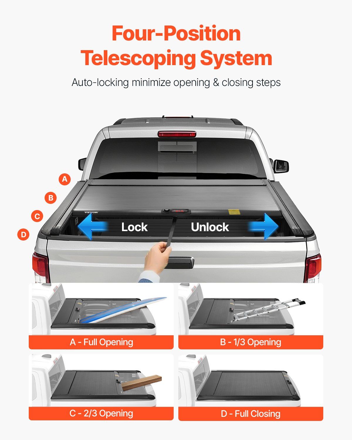 Retractable Tonneau Cover, 5.5 ft Hard Retractable Tonneau Cover with Built-in Drainage Pipe for 2021-2024 Ford F-150 Crew Cab , Customized Hard Tonneau Cover with Double-Lock & T-Slot