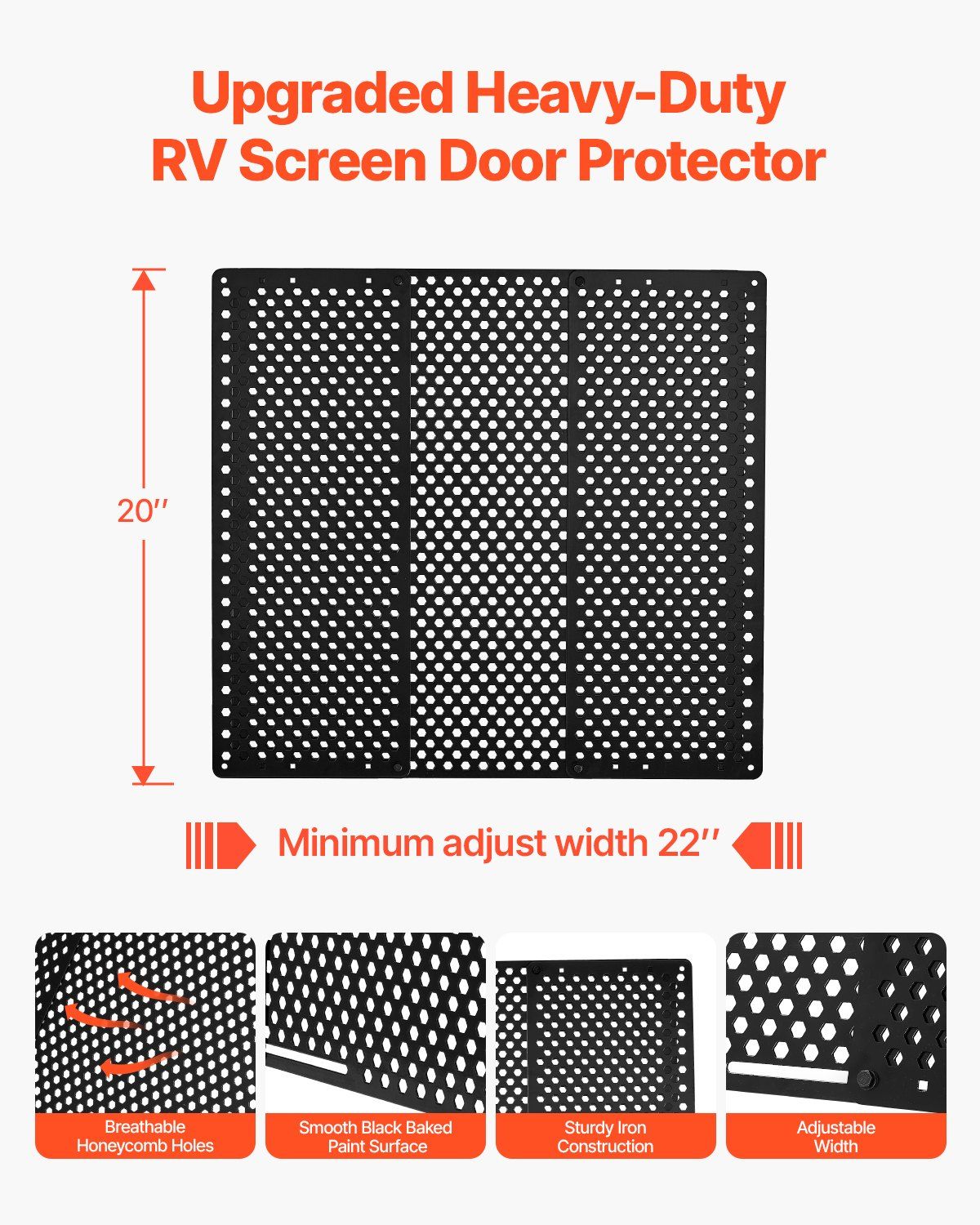 RV Screen Door Protector, Adjusts from 558.8 – 800 mm, Adjustable Door Grille, Easy to Install, Reinforced Breathable Honeycomb Holes, Iron Camper RV Entry Protector for Pet Protection, Black
