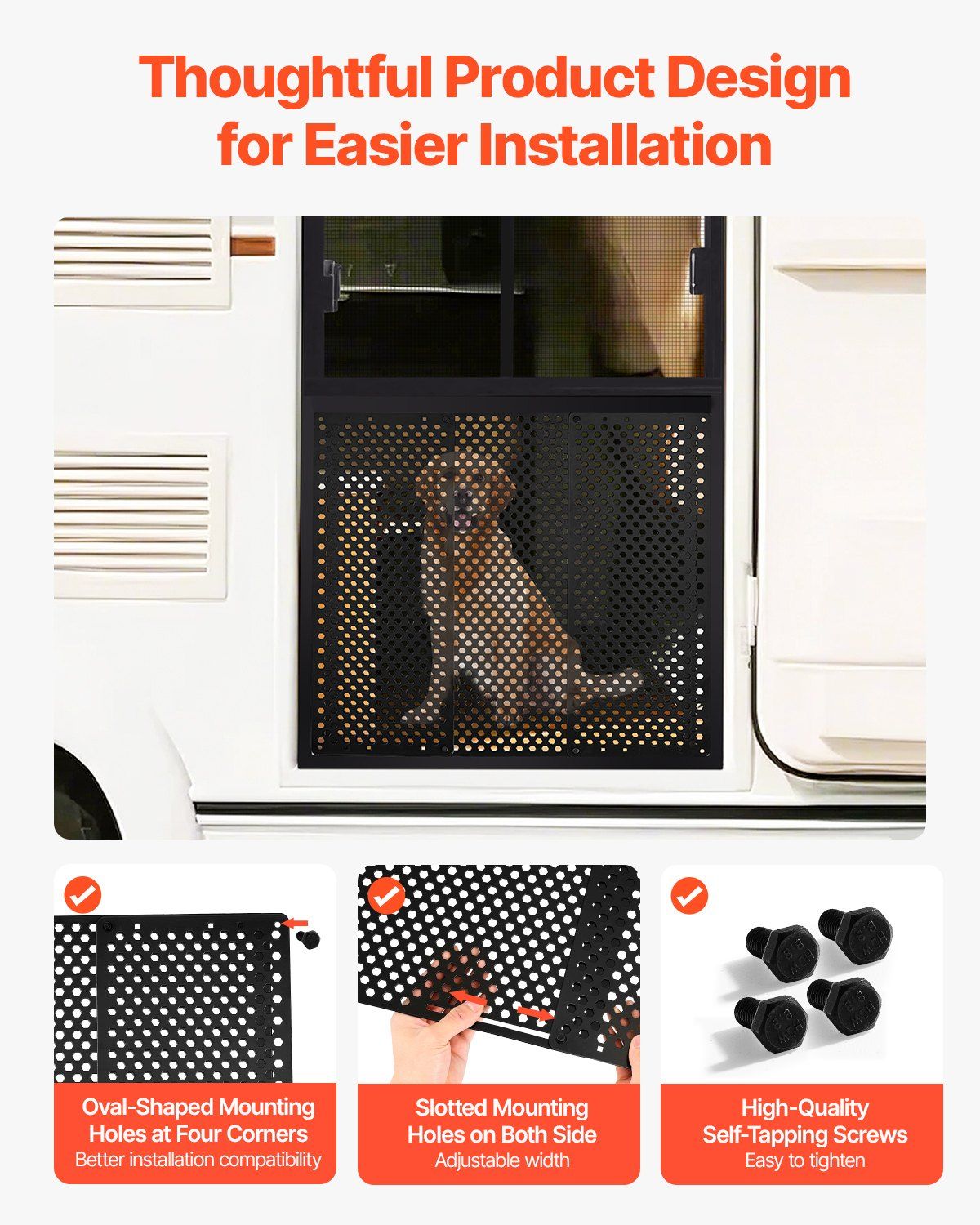 RV Screen Door Protector, Adjusts from 558.8 – 800 mm, Adjustable Door Grille, Easy to Install, Reinforced Breathable Honeycomb Holes, Iron Camper RV Entry Protector for Pet Protection, Black