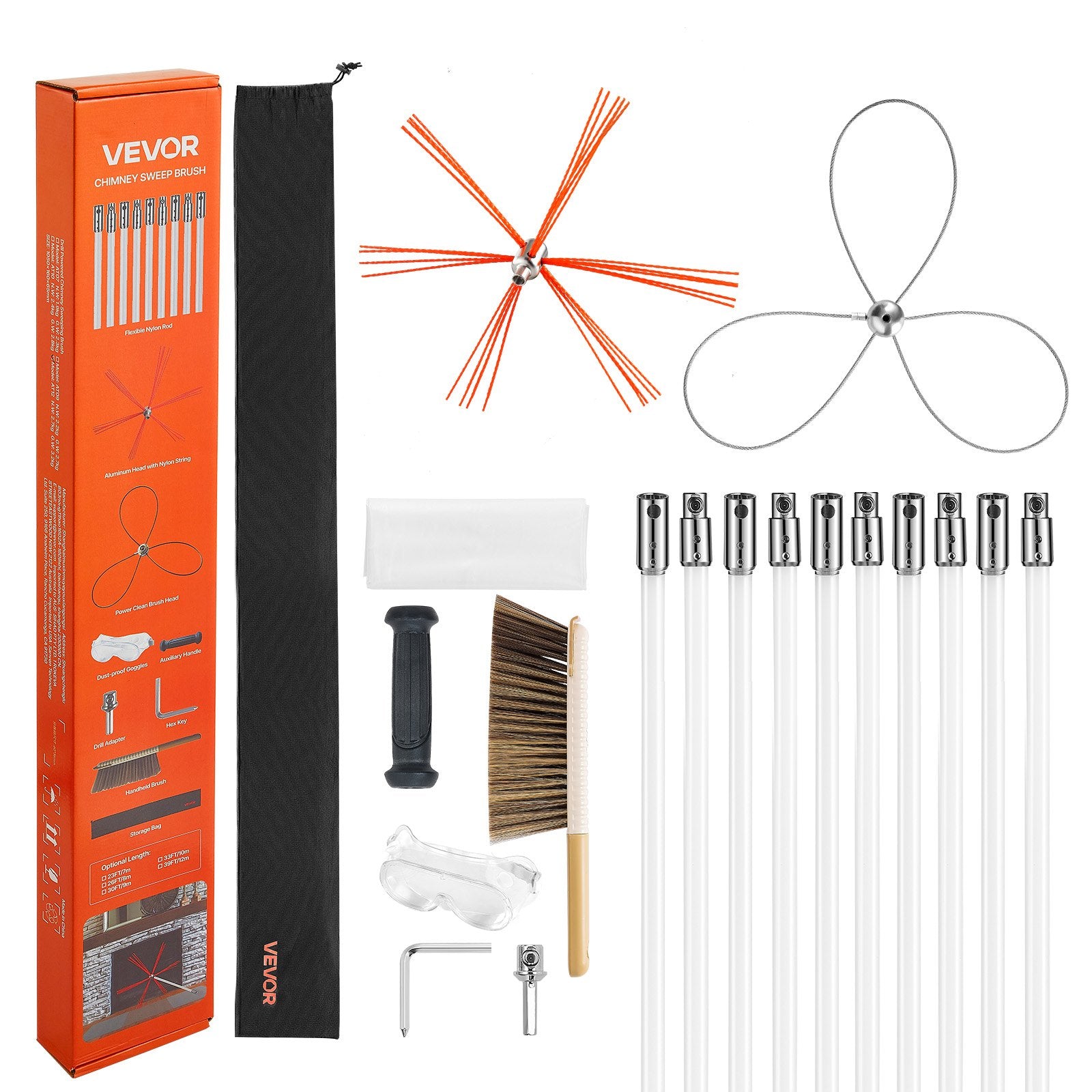 VEVOR Chimney Sweep Kit, 10m Maximum Extendable Length Chimney Brush, Chimney Cleaner Sweeper with Dual Brush Heads, Brush & Goggles, Fireplace Cleaning Tool for Square, Rectangle, Arch Chimneys