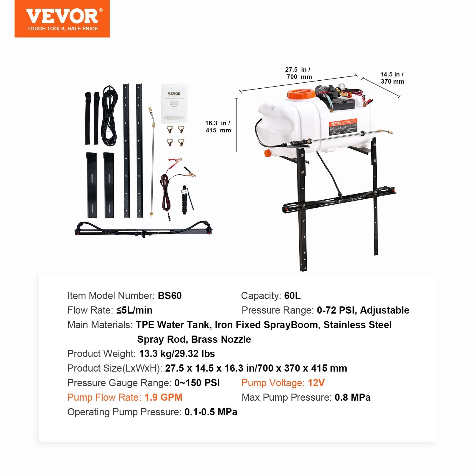 VEVOR ATV Sprayer 60 L/15.9 Gal ATV/UTV Spot Sprayer with A Nozzle Boom 1.9 GPM