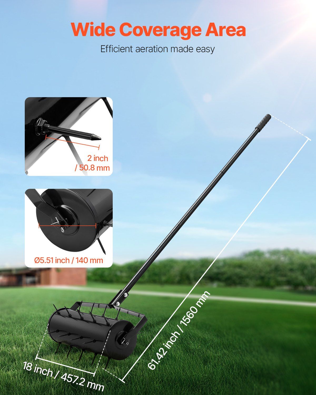 Rolling Lawn Aerator, 435mm Heavy-Duty Manual Rolling Aerator Lawn with Detachable Handle and 27 Iron Spikes, Rolling Lawn Aeration Tool for Garden Patio Yard Compacted Soils and Lawns, Black