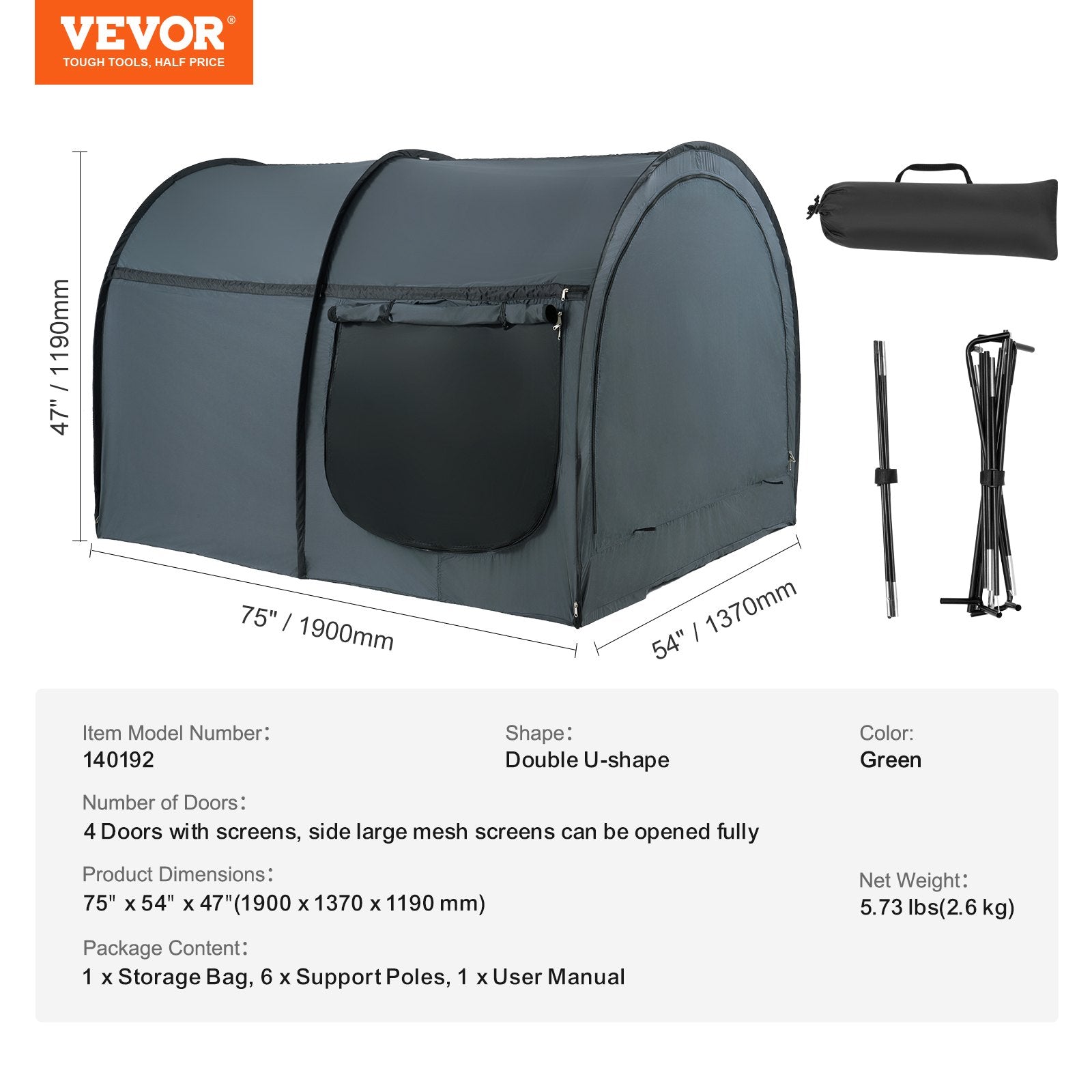 VEVOR Bed Tent, Pongee Fabric, 4 Doors Breathable Dream Tent with 7 mm Fiber Poles on Bed Privacy, Full Size Block out Light Sleeping Bed Canopy, Fit for Kids Playhouse and Adults Sleeping Tent