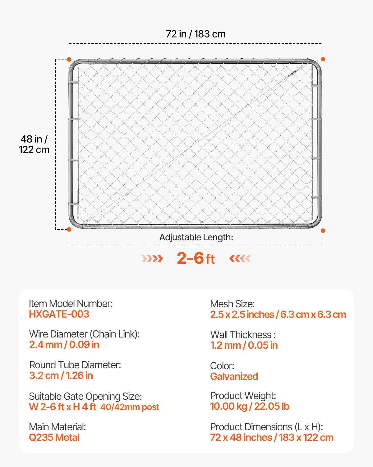 Chain Link Fence Gate, 183 x 122 cm, Adjustable Chain Link Fence Panel, Fit 67-183 cm (W) x 183 cm (H) Garden Fence Gate Opening, Rust-Resistant Galvanized Fencing Gate for Farm, Posts Not Included