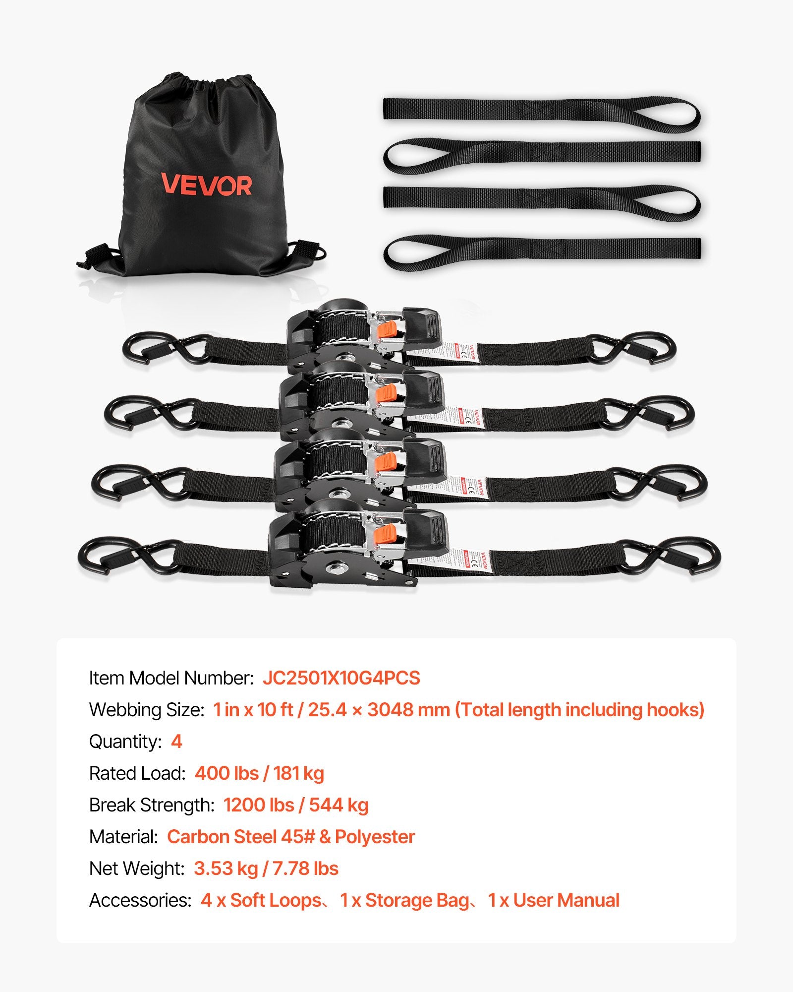 VEVOR Retractable Ratchet Straps, 25.4 mm x 3 m, Tie Down Straps with S Hooks, 544 kg Break Strength, 4 Soft Loops, Tie Down Ratcheting for Moving, Trailers, Motorcycles, Kayaks, Car Roof, 4 Pack