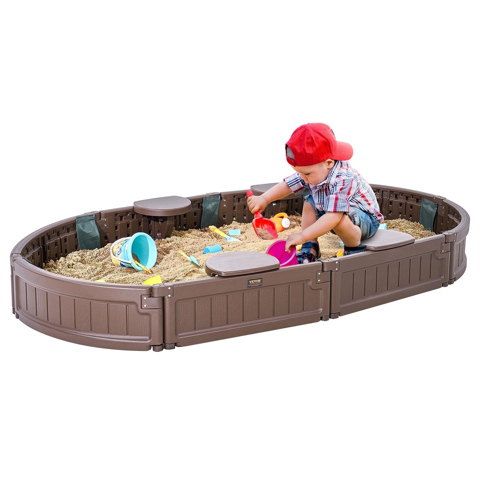 VEVOR Sandbox with Cover, 72 x 41.5 x 9.1 in Oval Sand Box, HDPE Sand Pit with 4 Corner Seating and Bottom Liner, Kids Sandbox for Outdoor Backyard, Beach, Park, Gift for Boys Girls Ages 3-12, Brown