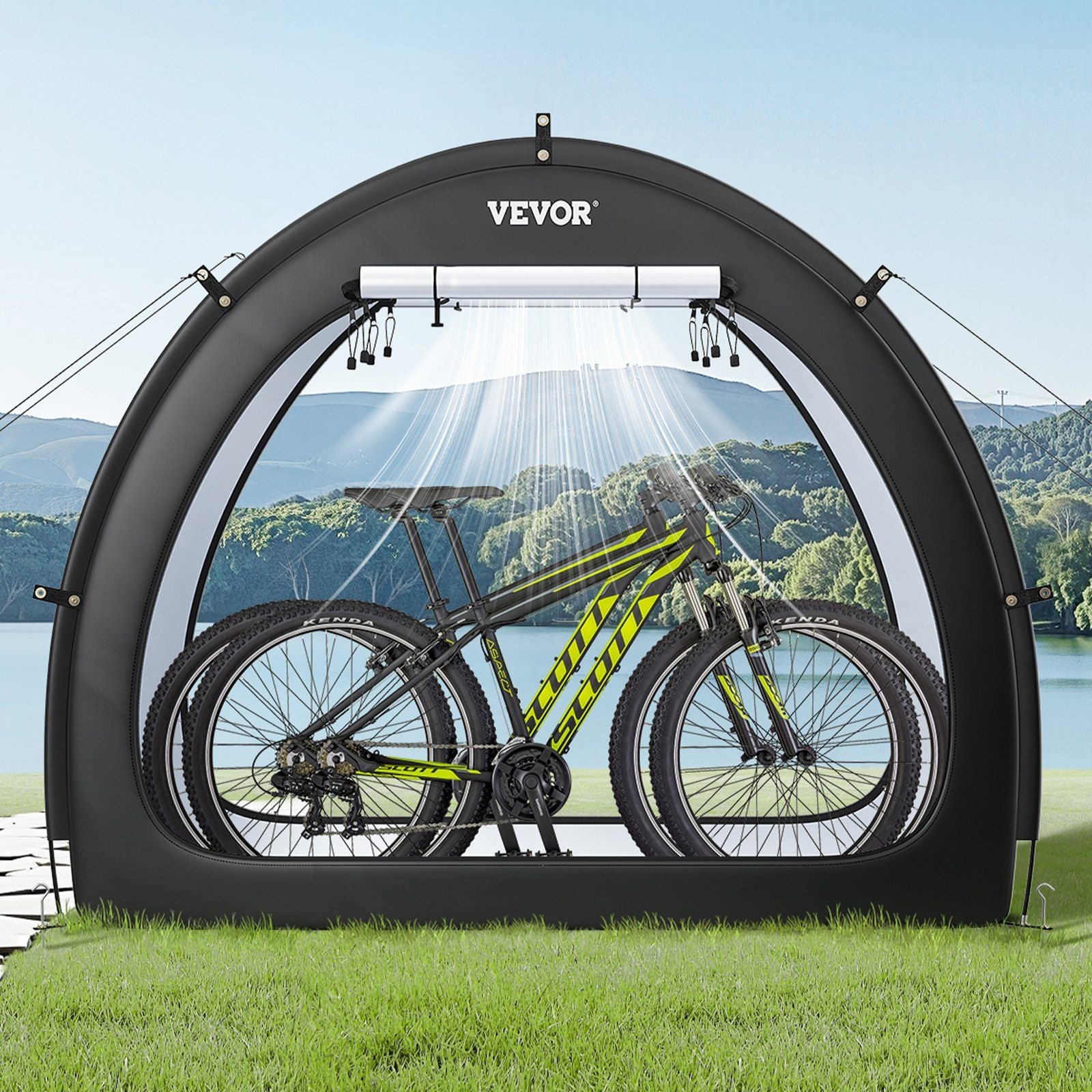 Bike Storage Tent, 1 to 2 Bikes, Outdoor Spacious Bike Storage Tent with Ventilated Window, Waterproof Fan-Shaped Bike Tent with High Strength Fiberglass & Dual Zippers, Fit for Bicycle