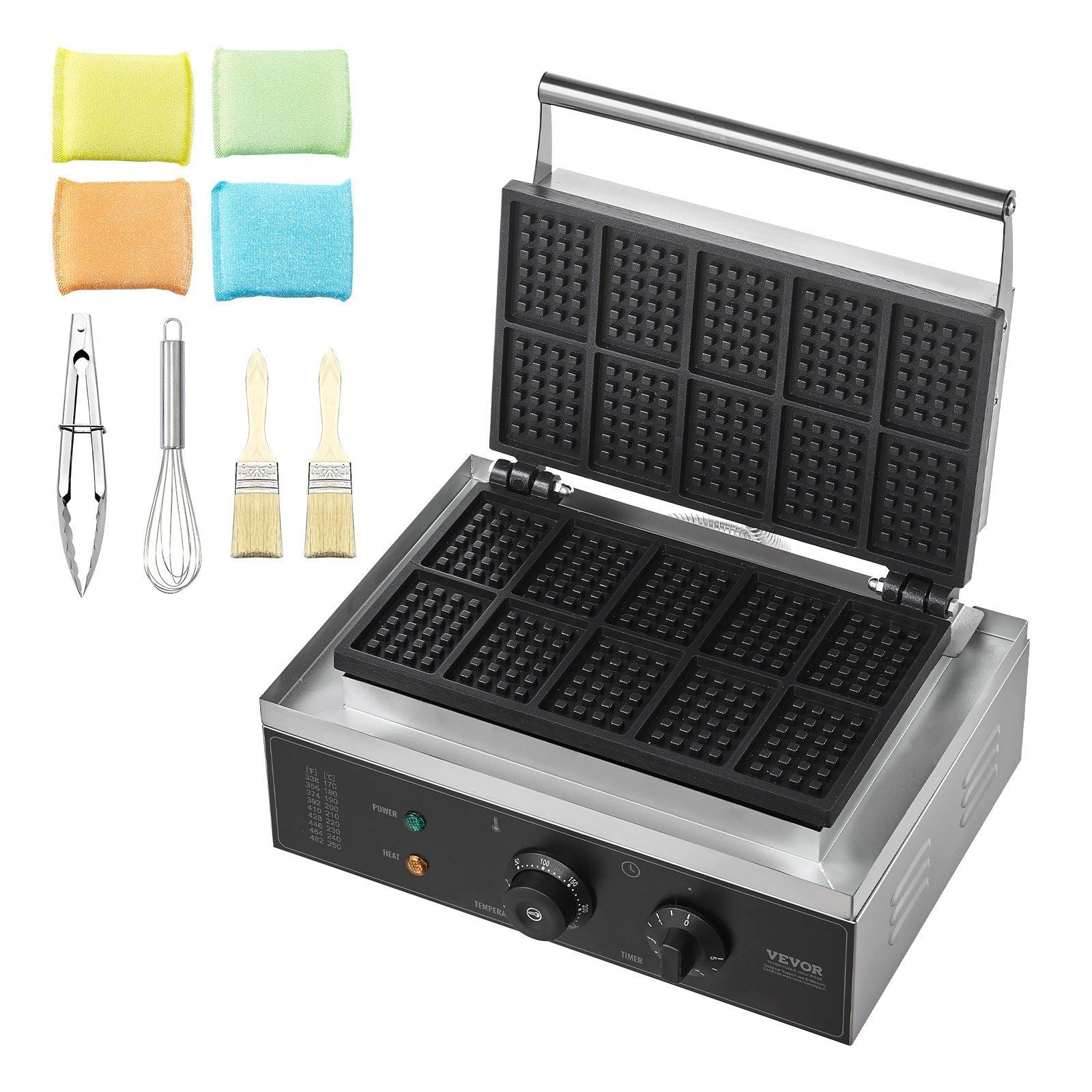 Commercial Waffle Maker, 10PCS Rectangle Waffle Baker Machine, 1550W Non-Stick Stainless Steel Belgian Waffle Iron with Temp and Time Control, Handle, for Restaurant Bakery Snack Bar Family