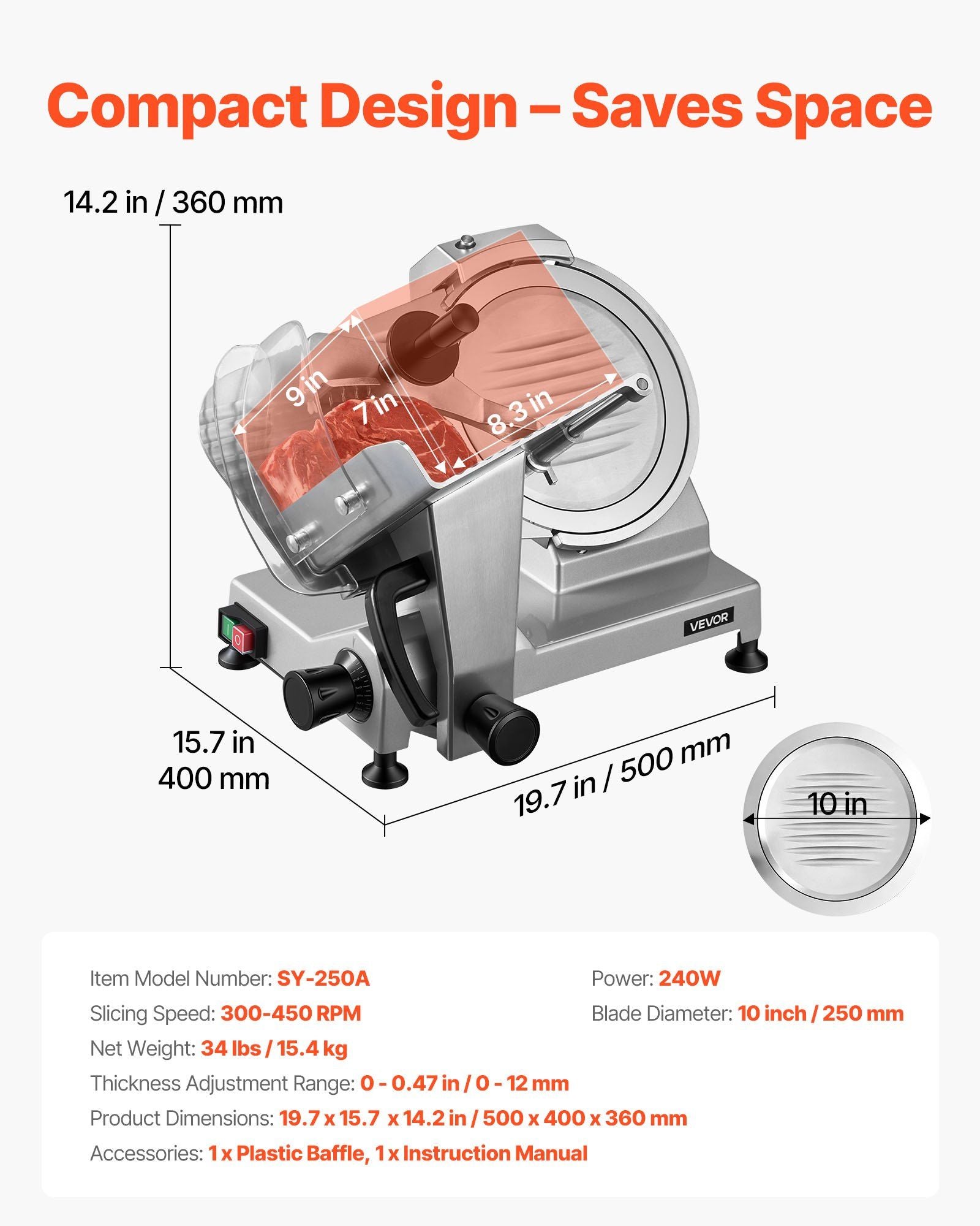 Commercial Meat Slicer, 240W Electric Deli Food Slicer with 250mm Carbon Steel Blade, Built-In Sharpener & 0-12mm Adjustable Thickness for Frozen Meat, Ham, Baguett, Steak
