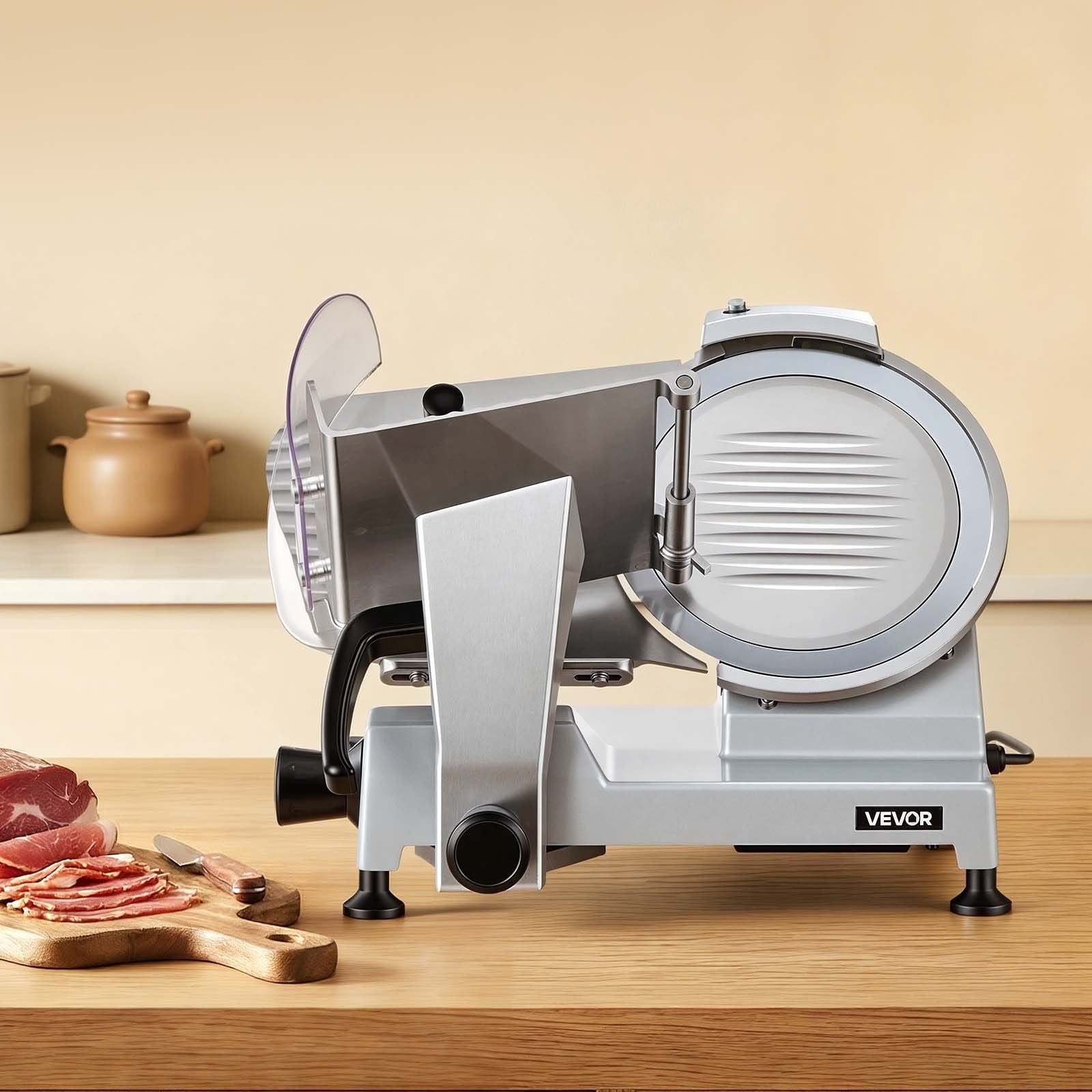 Commercial Meat Slicer, 240W Electric Deli Food Slicer with 250mm Carbon Steel Blade, Built-In Sharpener & 0-12mm Adjustable Thickness for Frozen Meat, Ham, Baguett, Steak