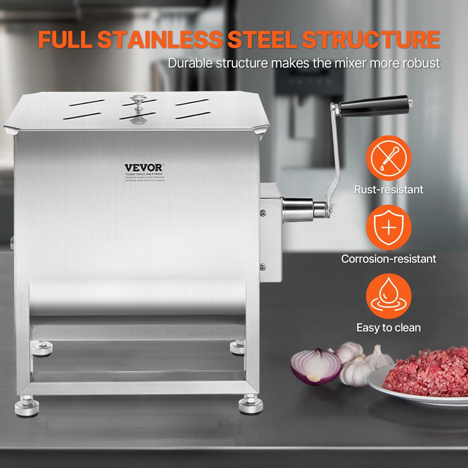 VEVOR Manual Meat Mixer, 60L Fixed Tank Meat Processing Equipment(Mixing Max 60LBS for Meat), Stainless Steel Meat Mixer, Sausage Mixer Machine with Lid Handle Gear Reducer, Ground Beef Hand Mixer