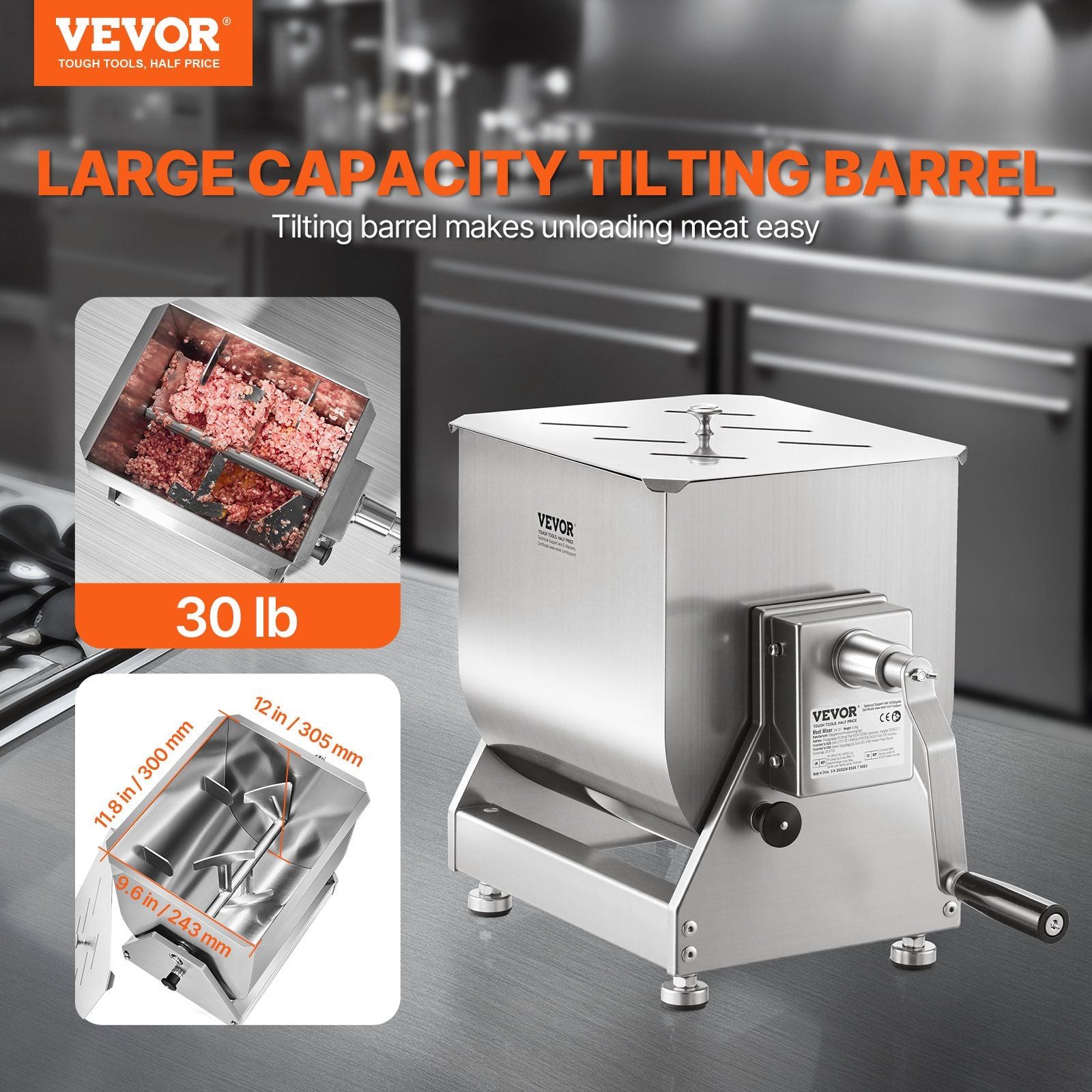 Manual Meat Mixer, 30L Tilt Tank Meat Processing Equipment(Mixing Max 30LBS for Meat), Stainless Steel Meat Mixer, Sausage Mixer Machine with Lid Handle Gear Reducer, Ground Beef Hand Mixer