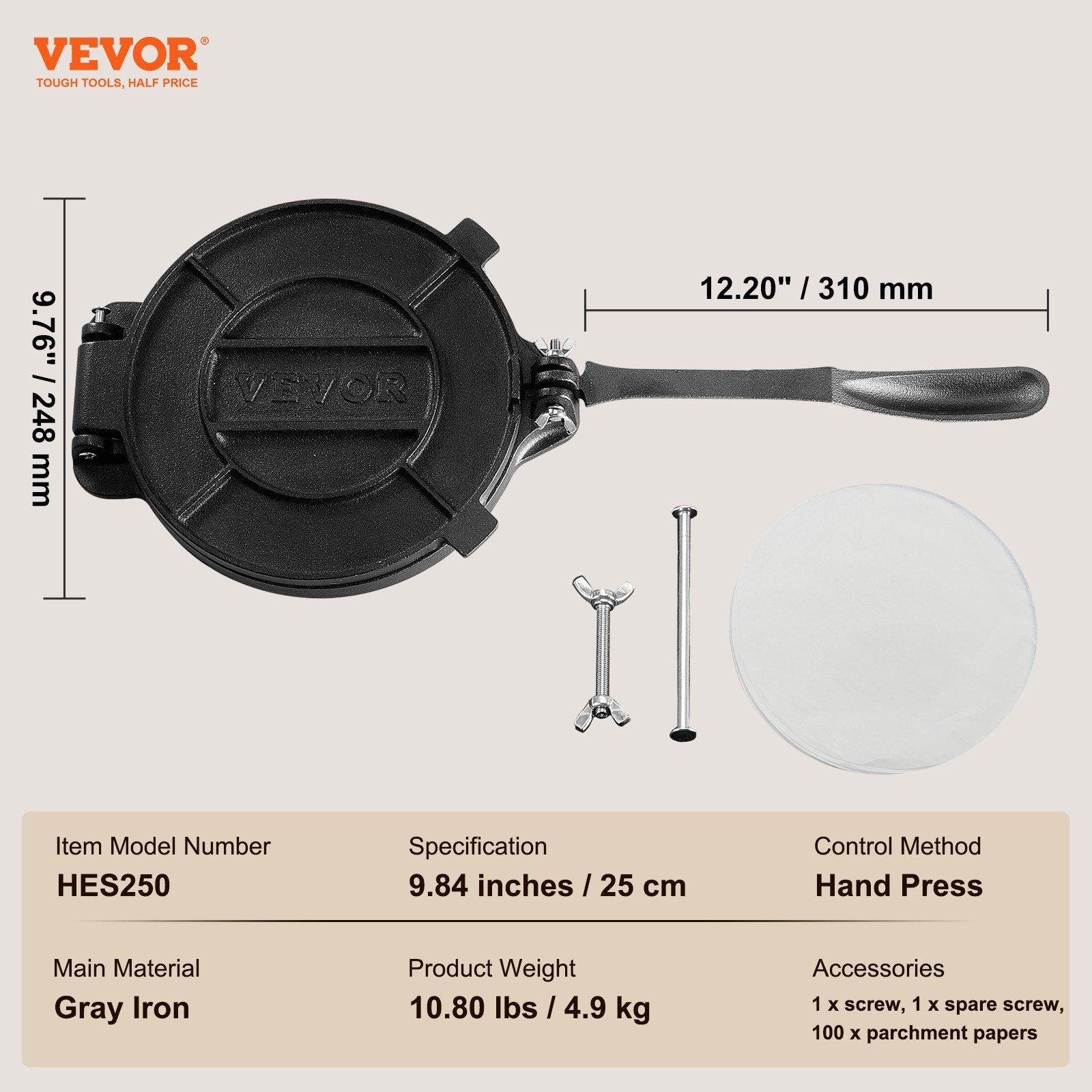 Tortilla Press, 250mm Tortilla and Roti Maker, Cast Iron Heavy Duty Tortilladora Press, Pre-Seasoned Pataconera Maker with 100 Pcs Parchment Paper, Dough Maker for Flour Tortilla, Tawa, Silver
