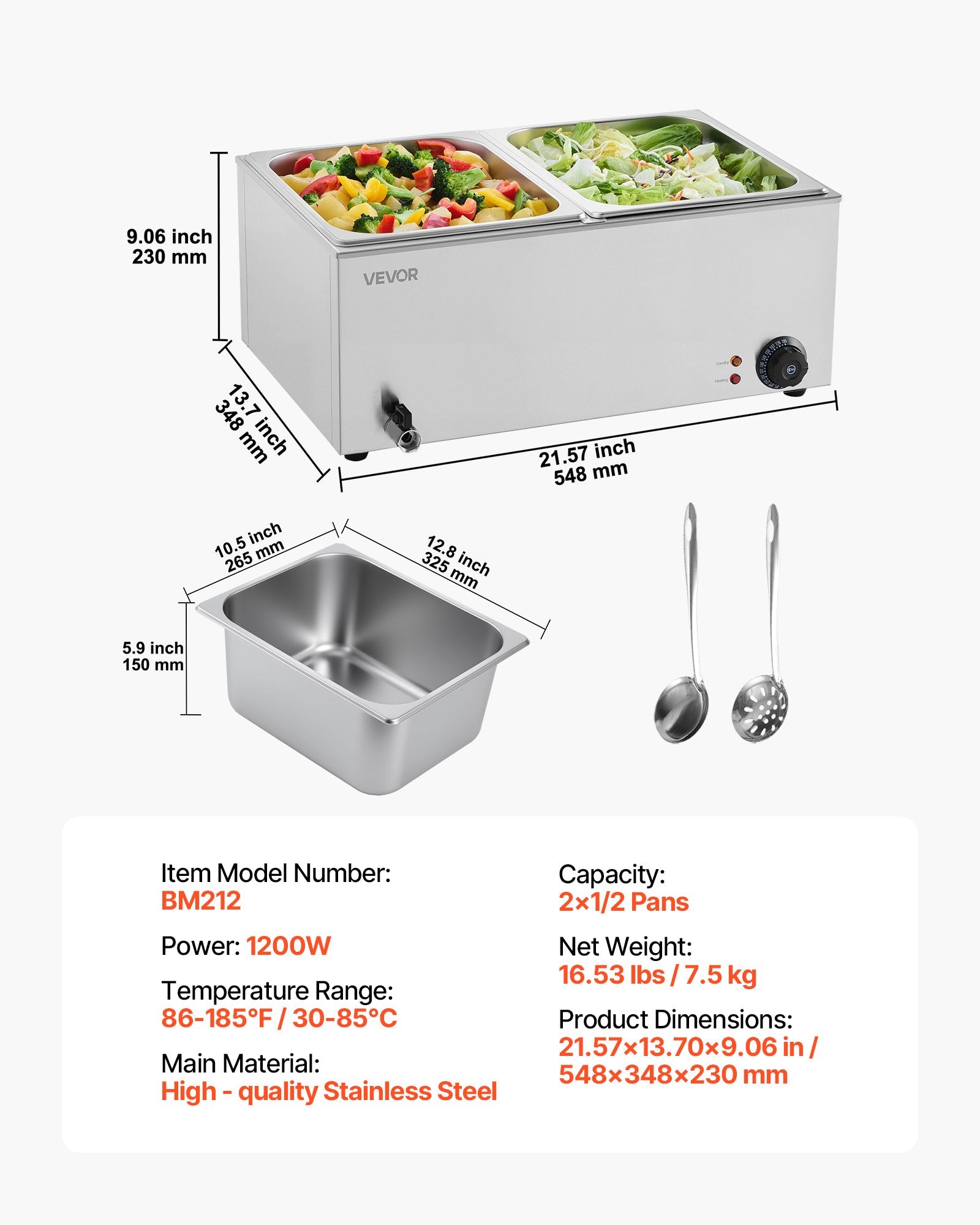 VEVOR Commercial Food Warmer, 2-Pan Electric Steam Table, 1200W Professional Countertop Stainless Steel Buffet Bain Marie with 30-85°C Temp Control for Catering, Buffet, Parties, Restaurants