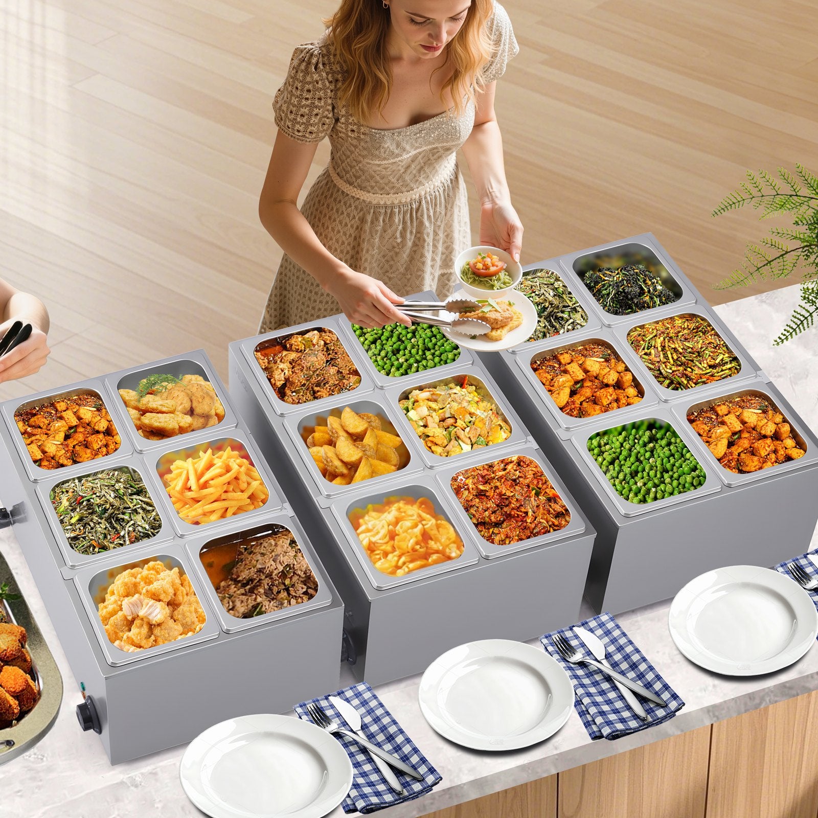 VEVOR Commercial Food Warmer, 6-Pan Electric Steam Table, 1200W Professional Countertop Stainless Steel Buffet Bain Marie with 30-85°C Temp Control for Catering, Buffet, Parties, Restaurants