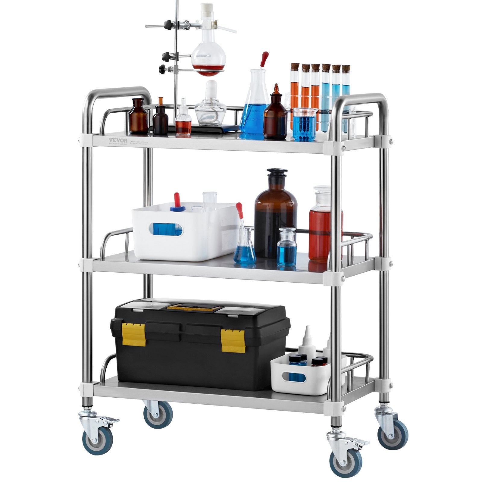 VEVOR Lab Rolling Cart, 3-Shelf Stainless Steel Rolling Cart, Lab Serving Cart with Swivel Casters, Dental Utility Cart for Clinic, Lab, Hospital, Salon, 26.38"x15.55"x34.13"