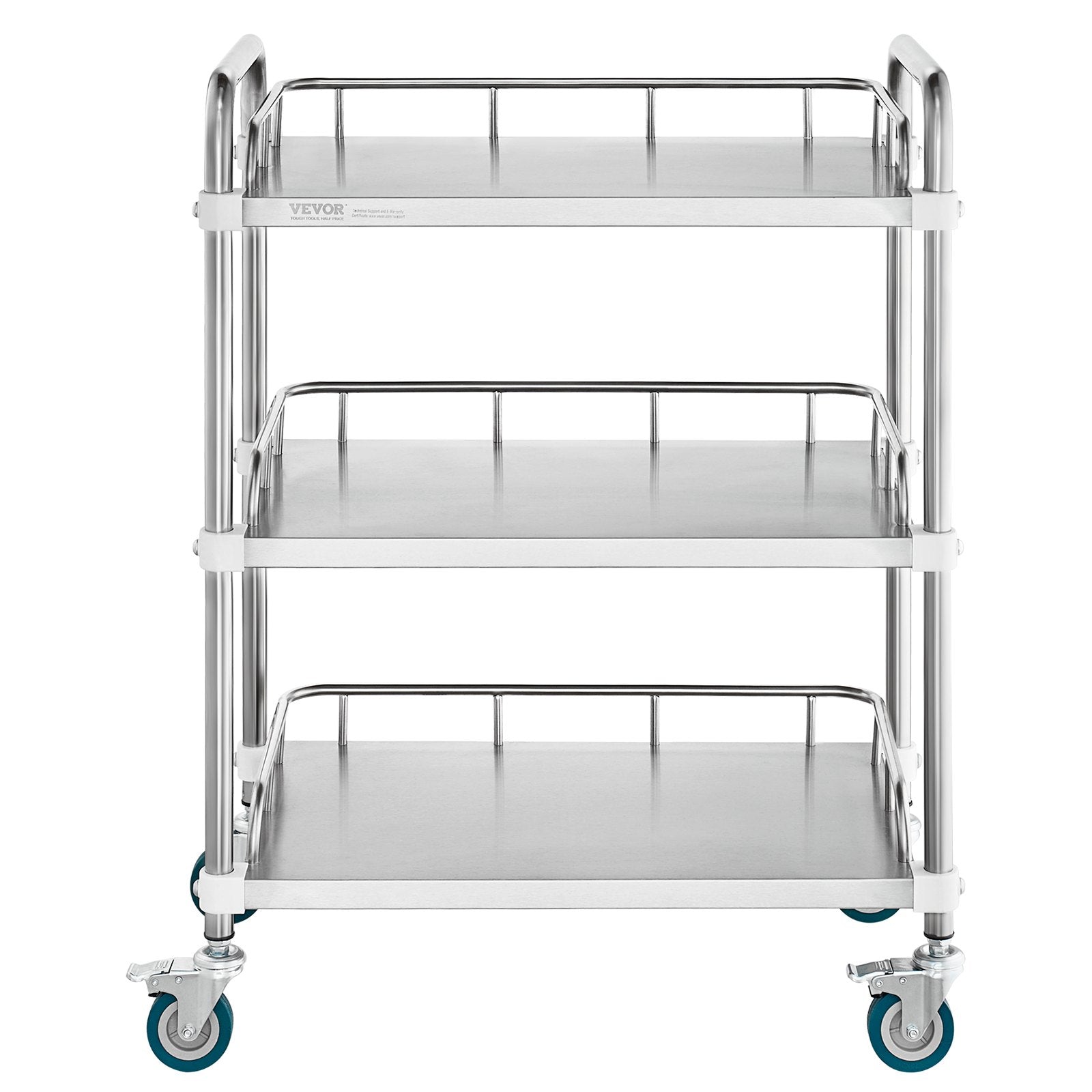 VEVOR Lab Rolling Cart, 3-Shelf Stainless Steel Rolling Cart, Lab Serving Cart with Swivel Casters, Dental Utility Cart for Clinic, Lab, Hospital, Salon, 26.38"x15.55"x34.13"