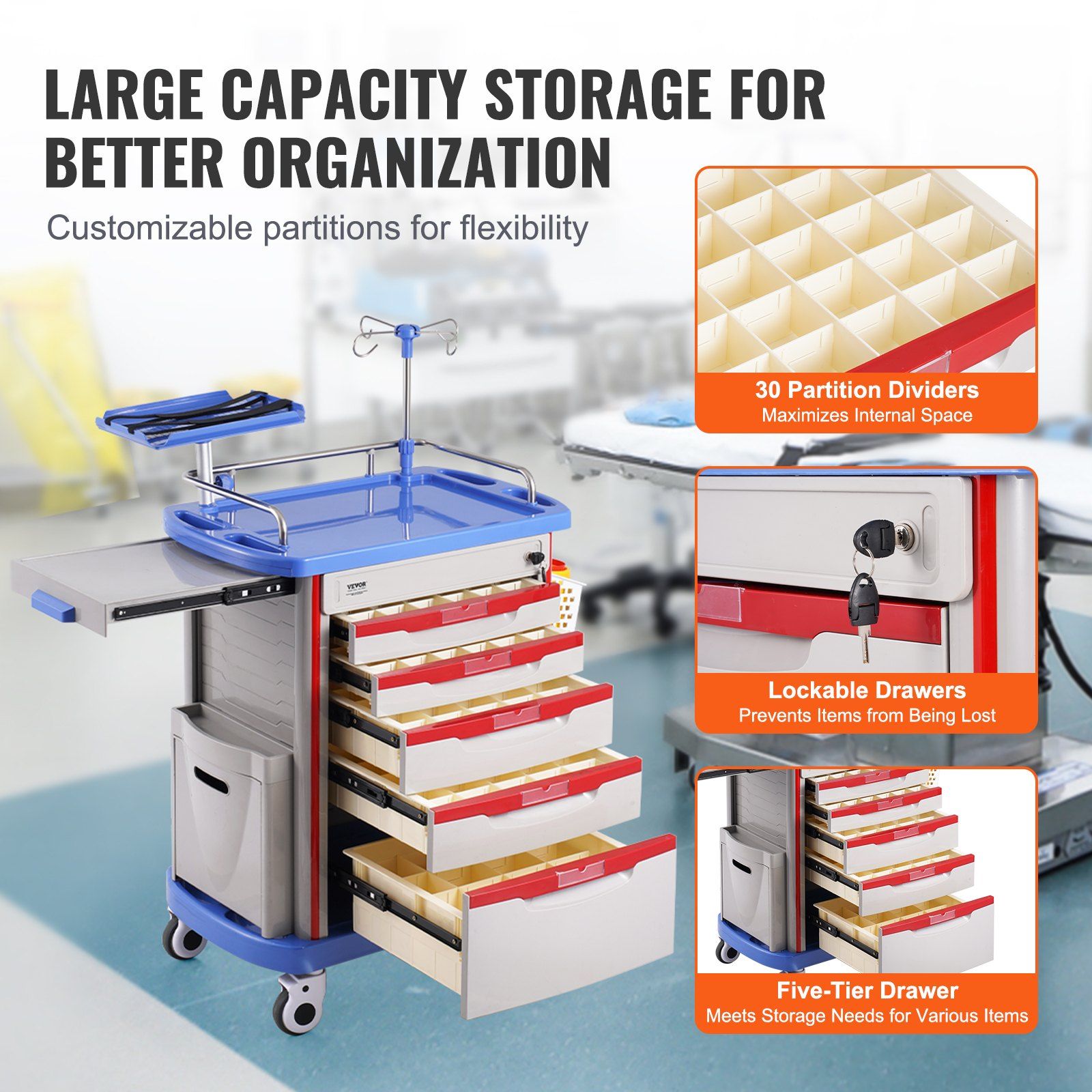 5 Tiers Lab Carts, Lab Utility Cart with 5 Drawers & 4 Silent Wheels, Mobile Medical Cart with PP Material, Lab Rolling Cart with 2 Trash Cans for Lab, Clinic, Hospital, Salon, Blue