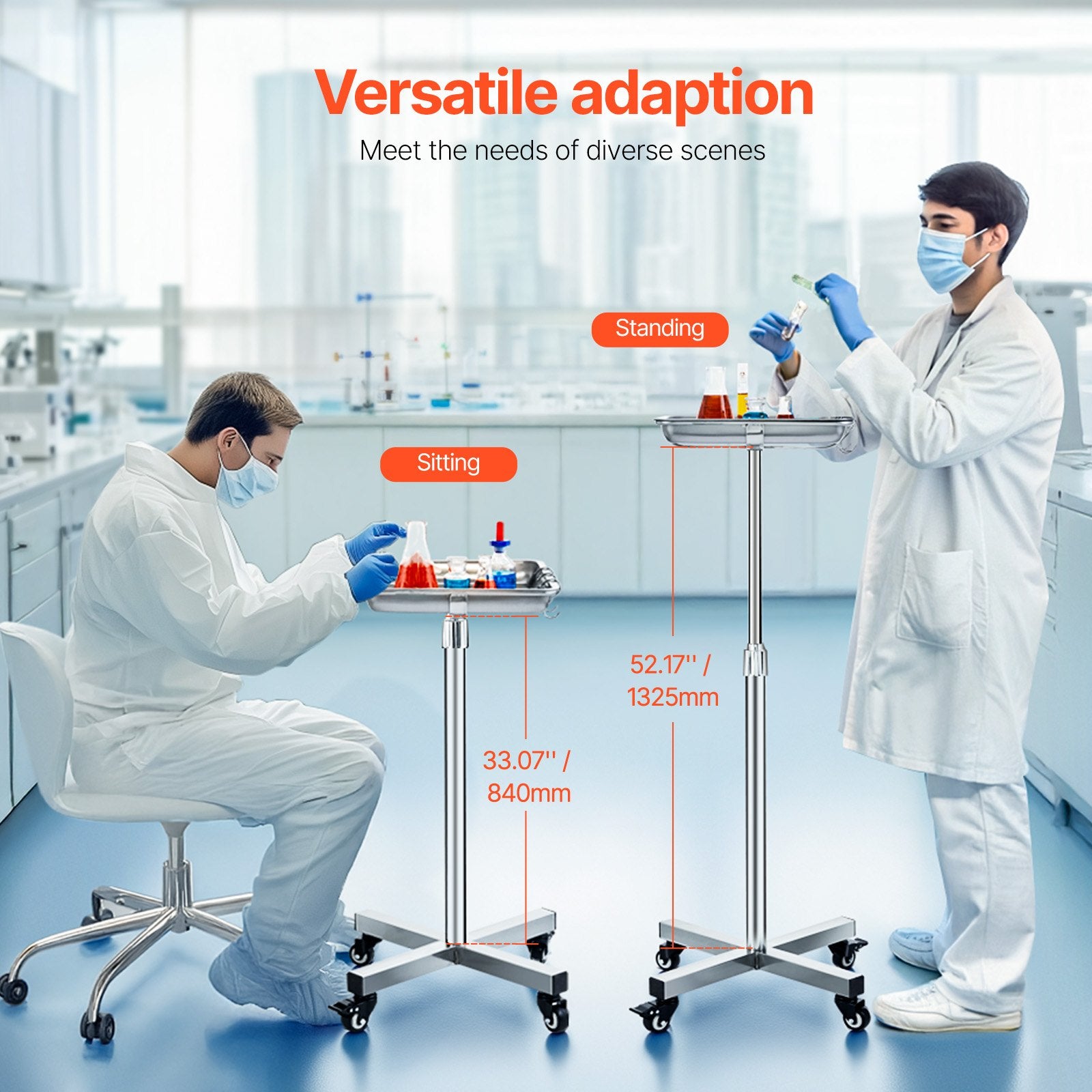 VEVOR Mayo Stand, Stainless Steel Mayo Tray, Load Capacity up to 35 lbs, Adjustable Height 25.2"-39.8", Medical Tray on Wheels with Removable Tray for Spa, Salon, Clinic, Personal Care