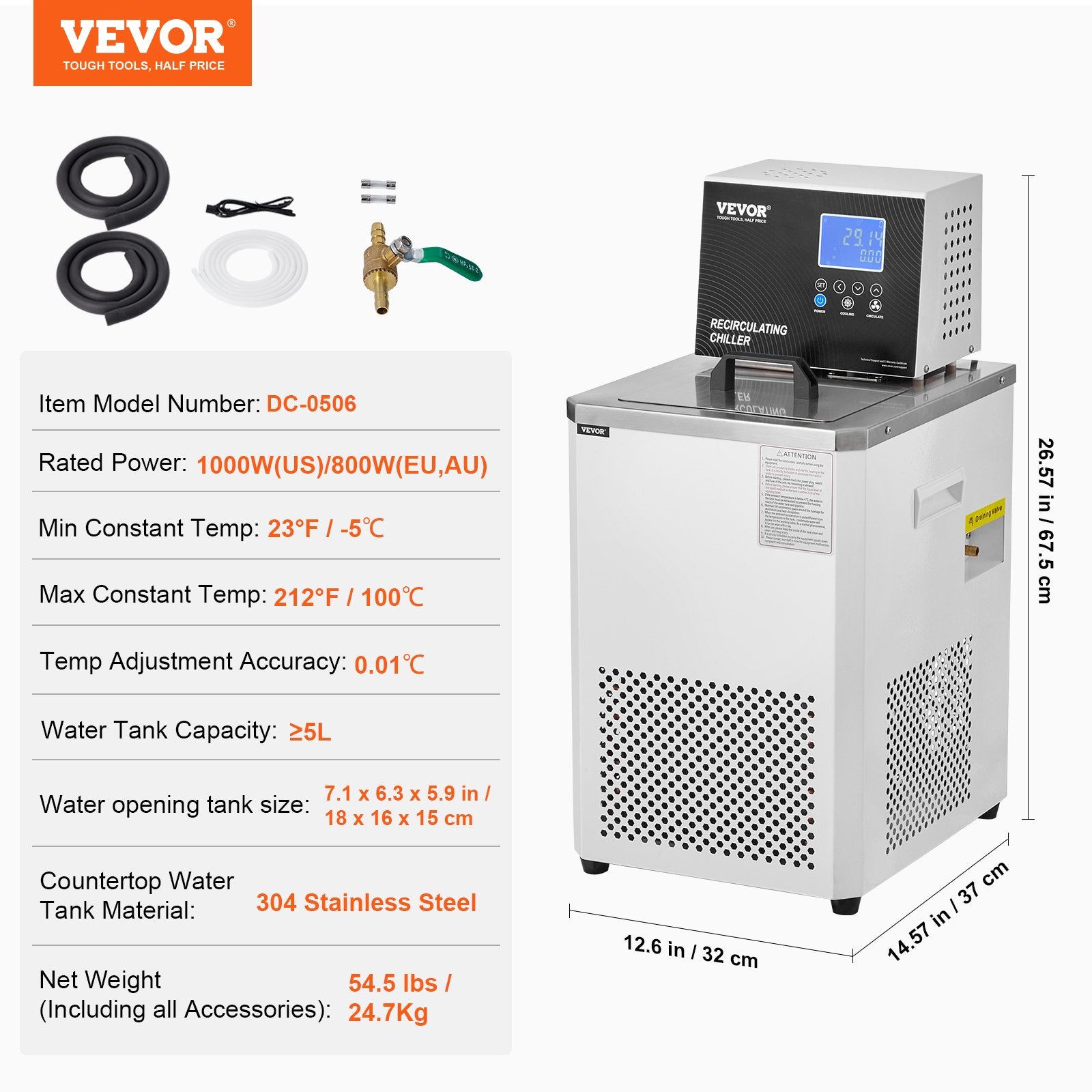 VEVOR Laboratory Chiller Circulator, 6L Chiller Lab Low Temperature Cooling Liquid, 23°F-212°F Circulator Pump Chiller, LCD Display, 304 Stainless Steel Water Bath Recirculating Water Cooling Chiller
