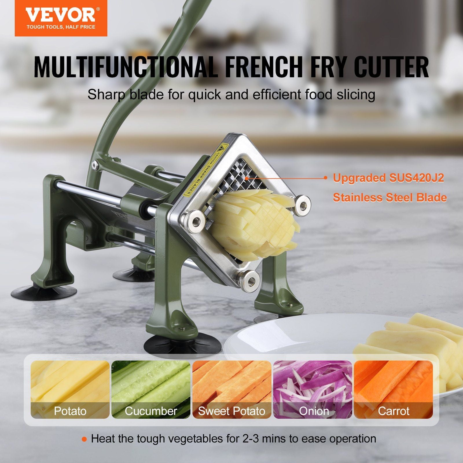 French Fry Cutter, Potato Slicer with 1/2" 3/8" 1/4" Stainless Steel Blades, Manual Potato Cutter Chopper with Suction Cups, Great for Potato, French Fries, Cucumber, Vegetables, Carrot