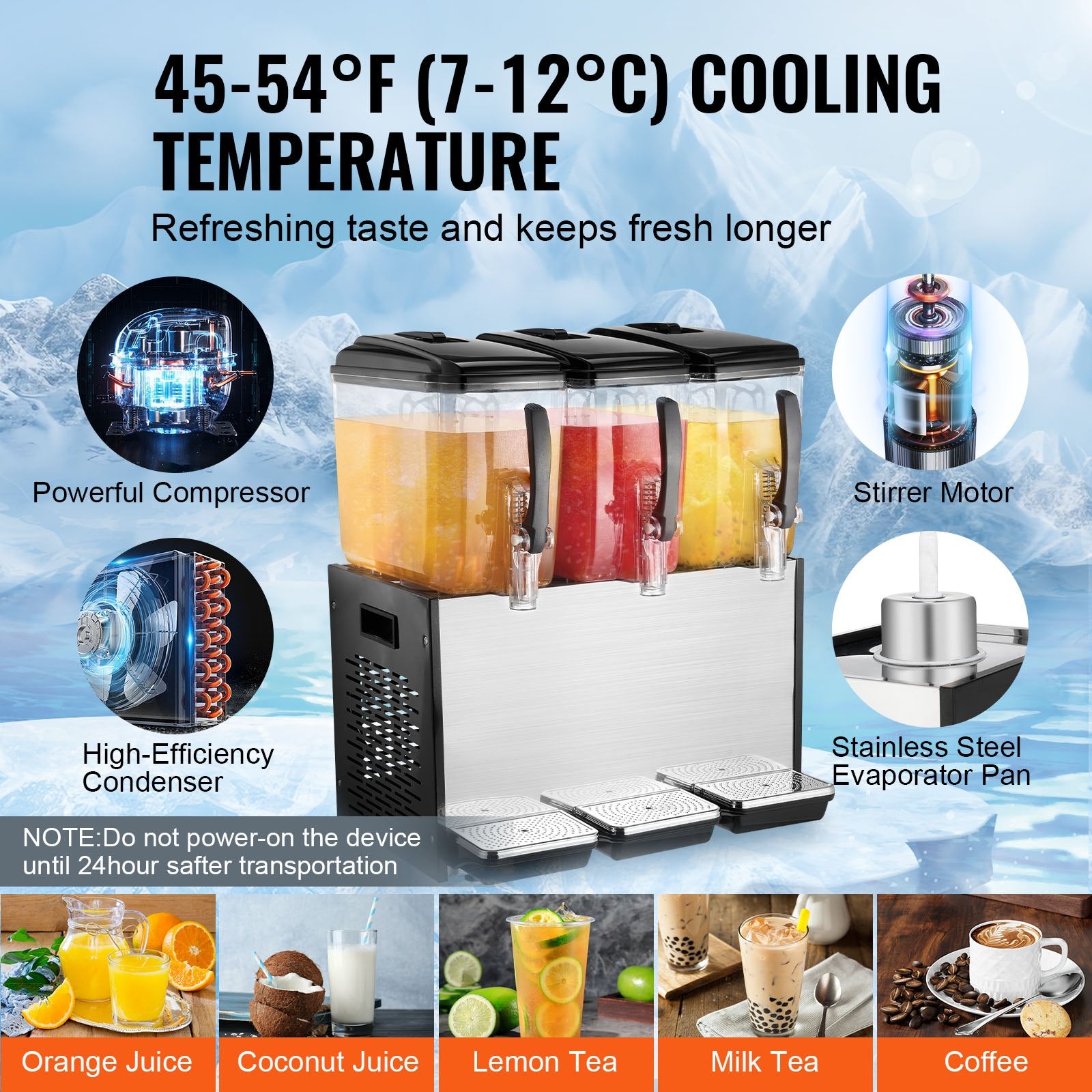 VEVOR Commercial Beverage Dispenser, 3 Tanks 12 L Per Tank Juice Dispenser, 370W Stainless Steel Ice Tea Drink Machine with 7℃-12℃ Cooling Temperature, for Cold Drink Restaurant Bar Party