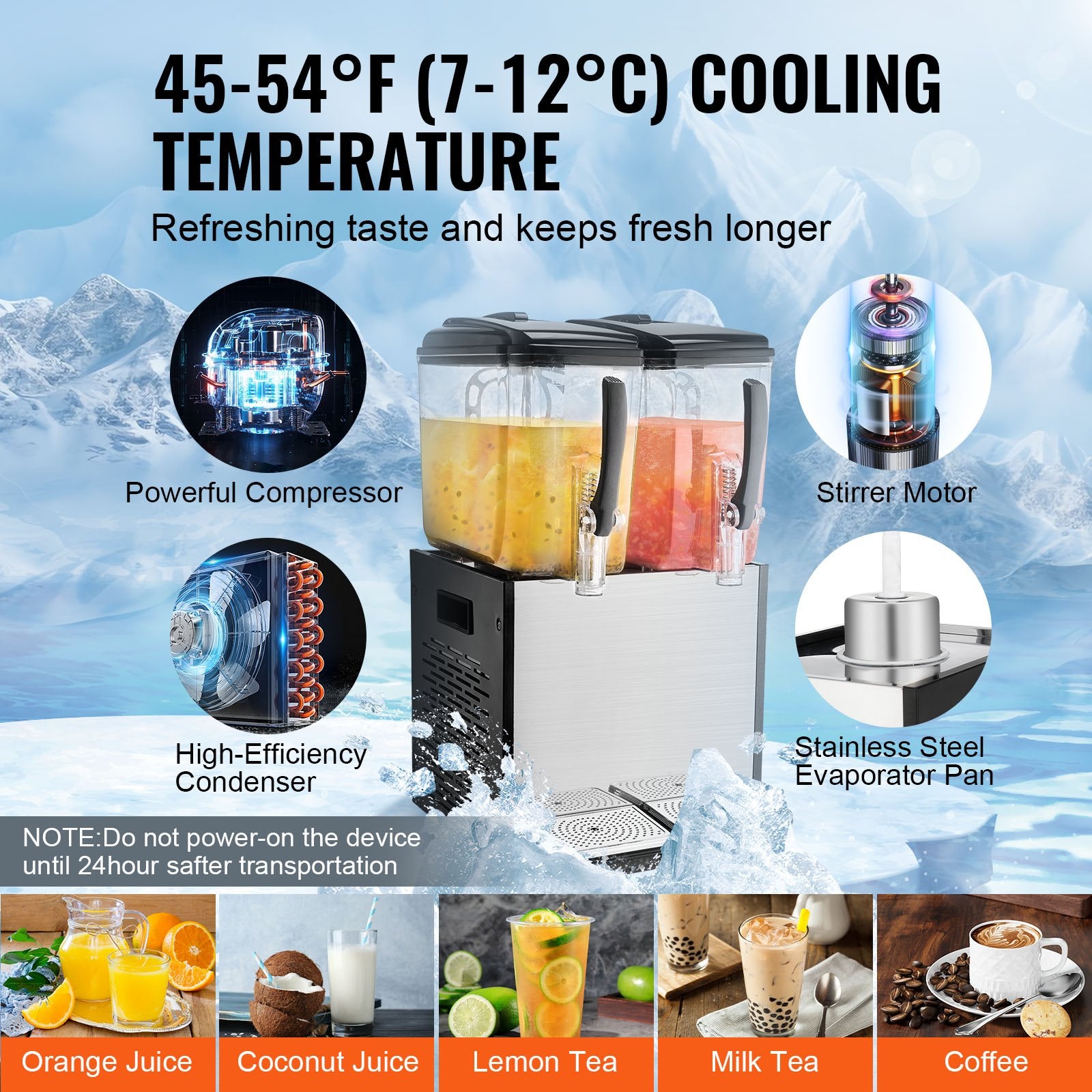 VEVOR Commercial Beverage Dispenser, 2 Tanks 12 L Per Tank Juice Dispenser, 286W Stainless Steel Ice Tea Drink Machine with 7℃-12℃ Cooling Temperature, for Cold Drink Restaurant Bar Party