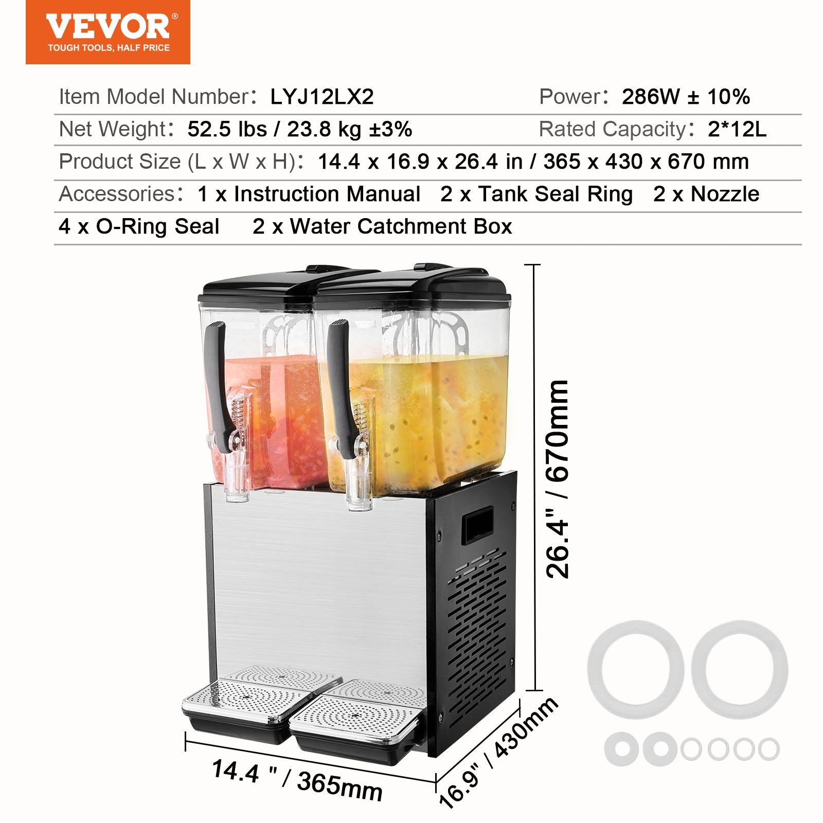 VEVOR Commercial Beverage Dispenser, 2 Tanks 12 L Per Tank Juice Dispenser, 286W Stainless Steel Ice Tea Drink Machine with 7℃-12℃ Cooling Temperature, for Cold Drink Restaurant Bar Party