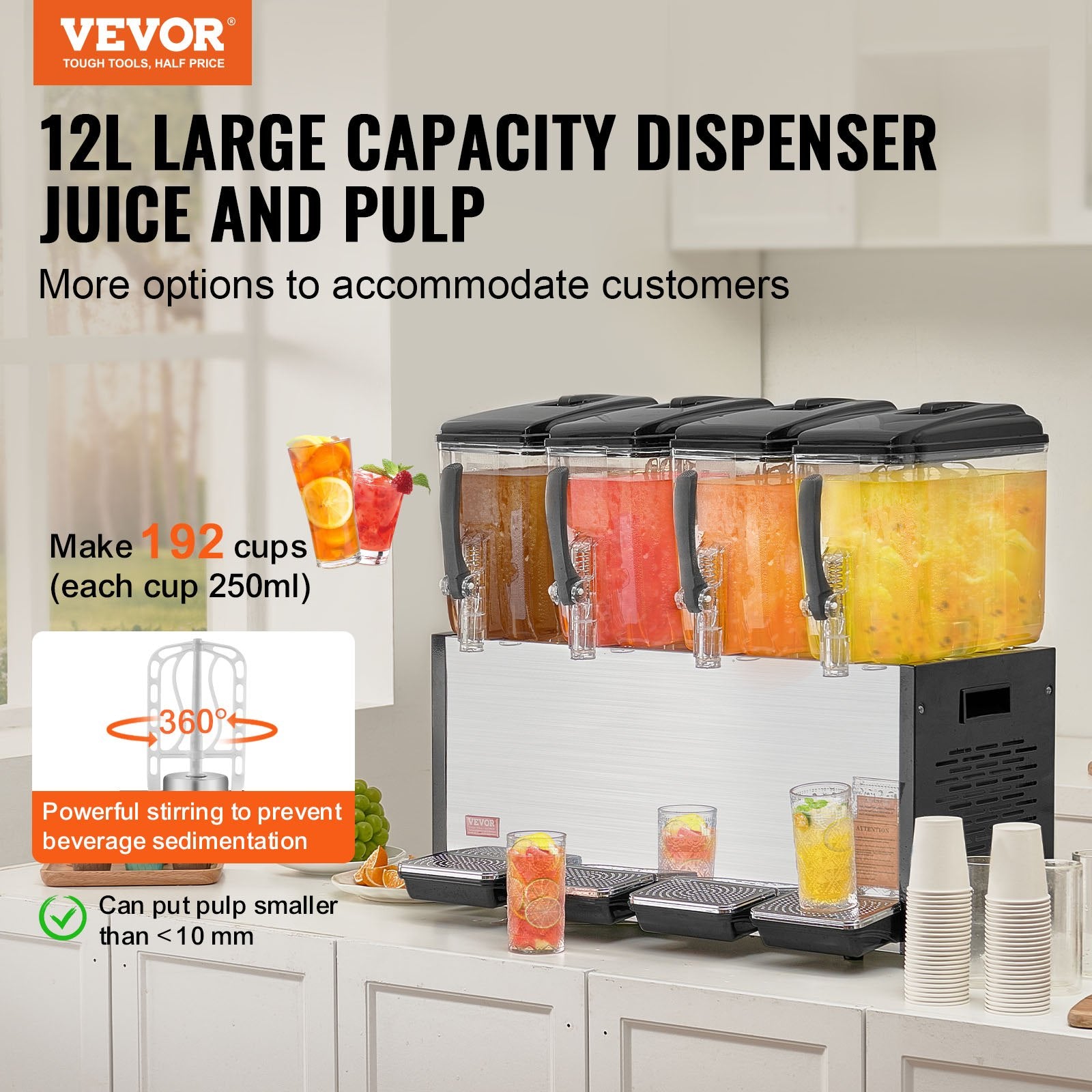 VEVOR Commercial Beverage Dispenser, 4 Tanks 12 L Per Tank Juice Dispenser, 510W Stainless Steel Ice Tea Drink Machine with 7℃-12℃ Cooling Temperature, for Cold Drink Restaurant Bar Party