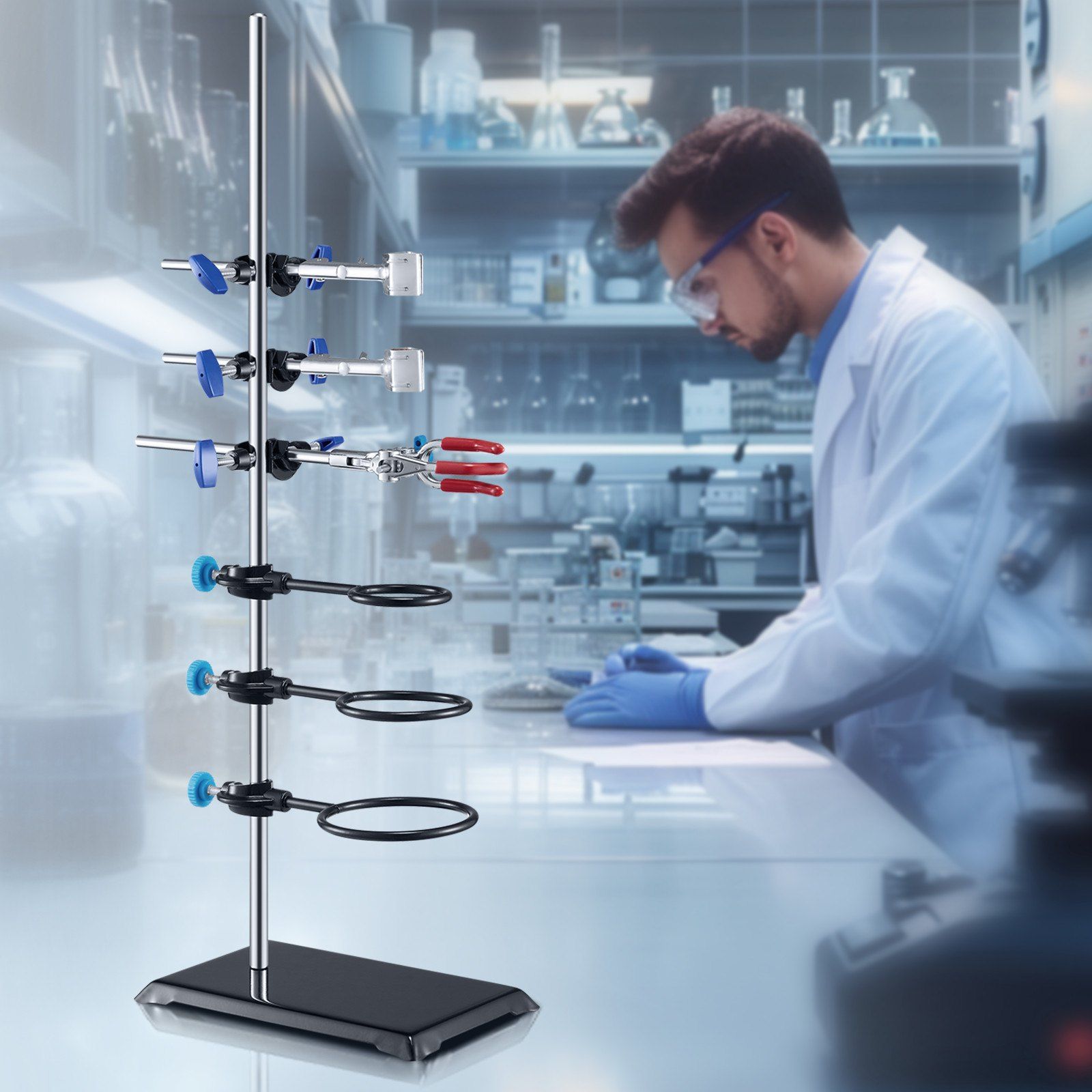 Lab Stand Support, Laboratory Retort Support Stand Set, Steel Lab Stand 23.6" Rod and 8.3" x 5.3" Cast Iron Base, Includes Flask Clamps, a Burette Clamp and Cross Clamps