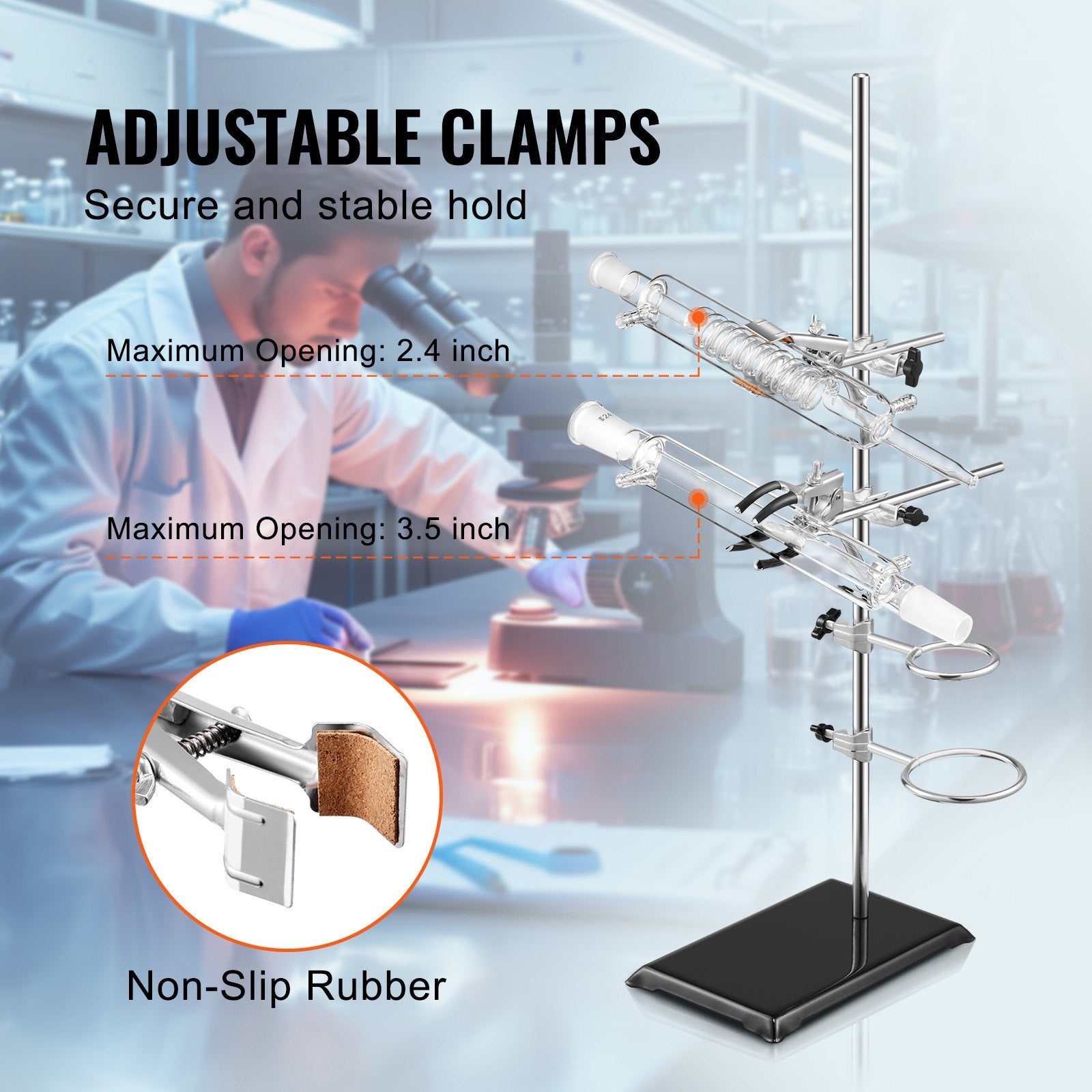 VEVOR Lab Stand Support, Laboratory Retort Support Stand 2 Sets, Steel Lab Stand 23.6" Rod and 8.3" x 5.3" Cast Iron Base, Includes Flask Clamps, Burette Clamps and Cross Clamps