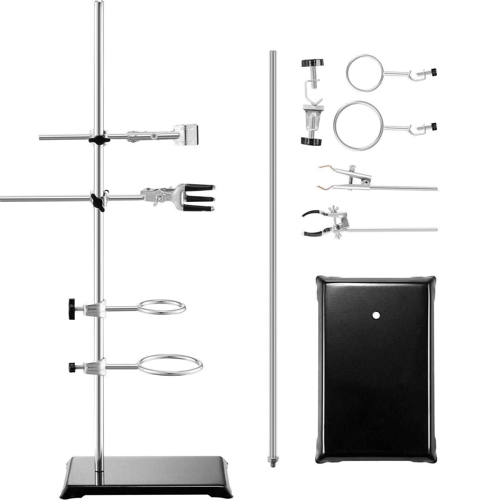 VEVOR Lab Stand Support, Laboratory Retort Support Stand 2 Sets, Steel Lab Stand 23.6" Rod and 8.3" x 5.3" Cast Iron Base, Includes Flask Clamps, Burette Clamps and Cross Clamps
