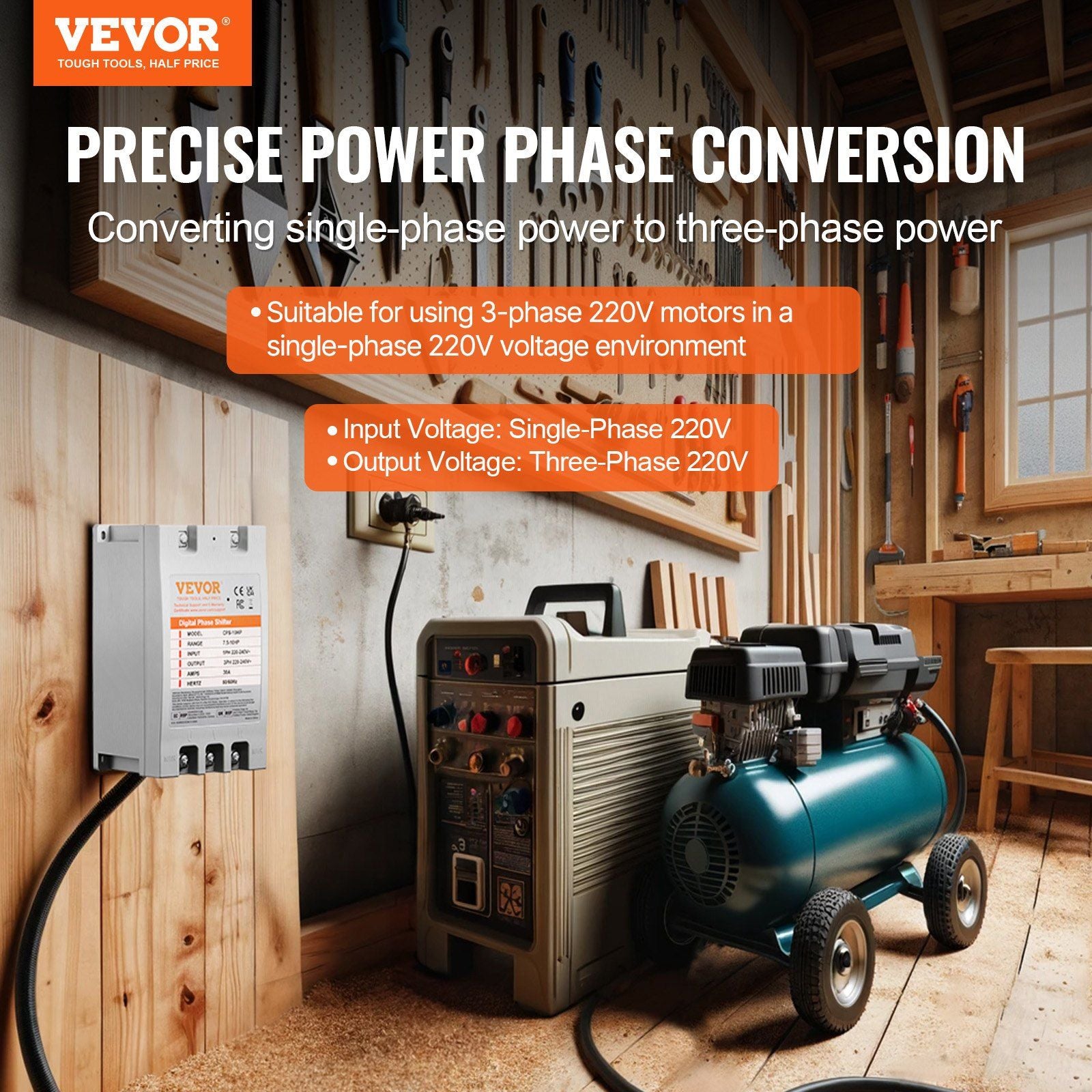 3 Phase Converter - 10HP 30A 220V Single Phase to 3 Phase Converter, Digital Phase Shifter for Residential and Light Commercial Use, 220V Input/Output (One Converter for One Motor Only)
