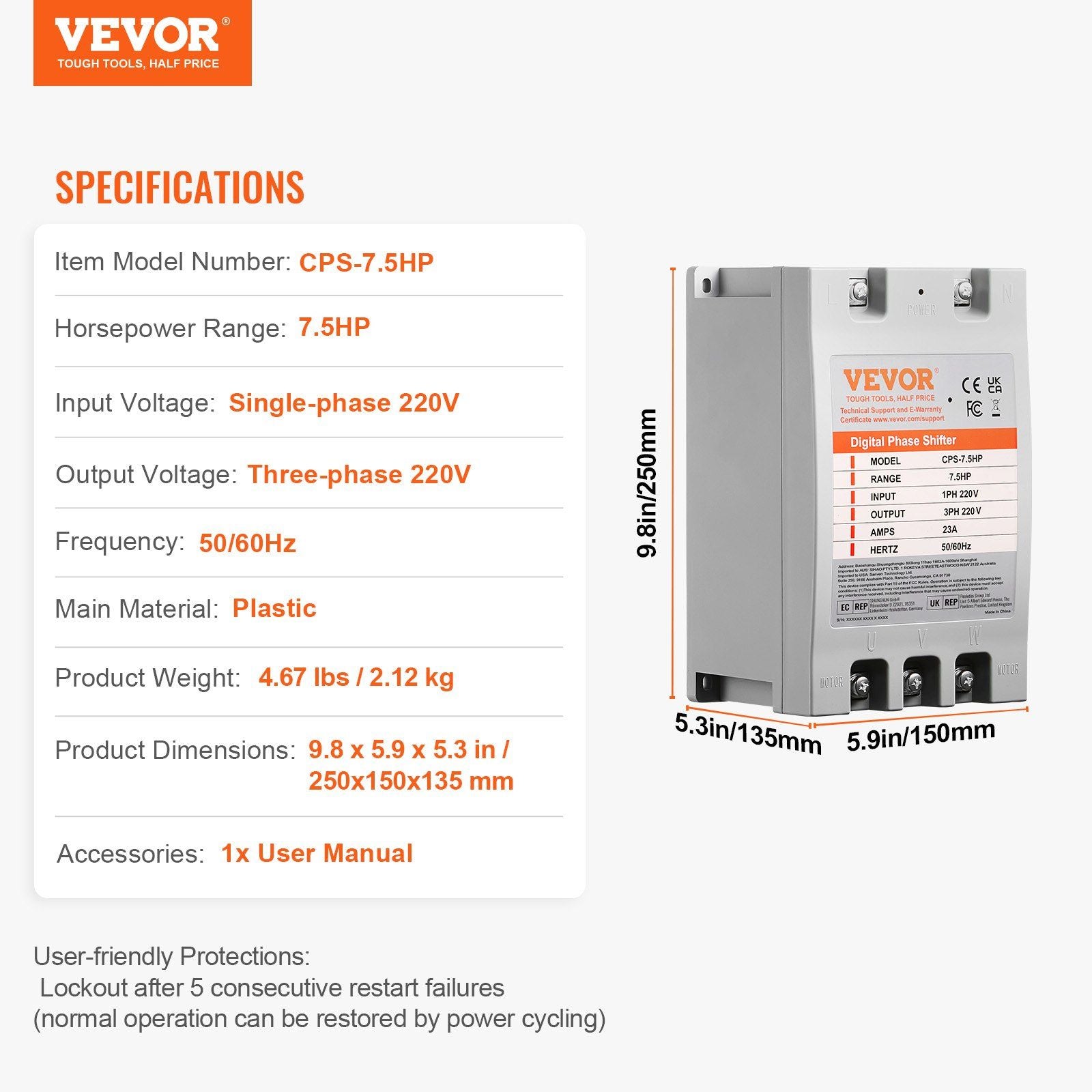 3 Phase Converter- 7.5HP 23A 220V Single Phase to 3 Phase Converter, Digital Phase Shifter for Residential & Light Commercial Use, 220V Input/Output (One DPS Must Be Used on One Motor Only)