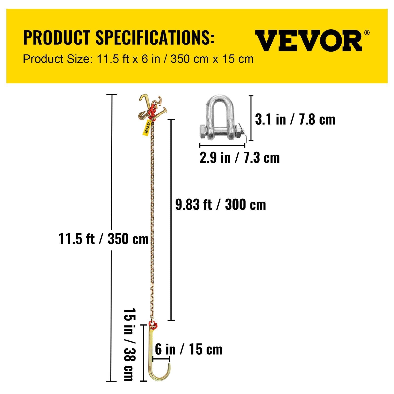 J Hook Chain, 2PCS 8 mm x 300 cm G80 Long Shank J Hook Tow Chain with RTJ Cluster Hook & Grab Hook, 2448 kg Working Load, Heavy Duty Transport Truck Chain for Wrecker Recovery Trailer Towing