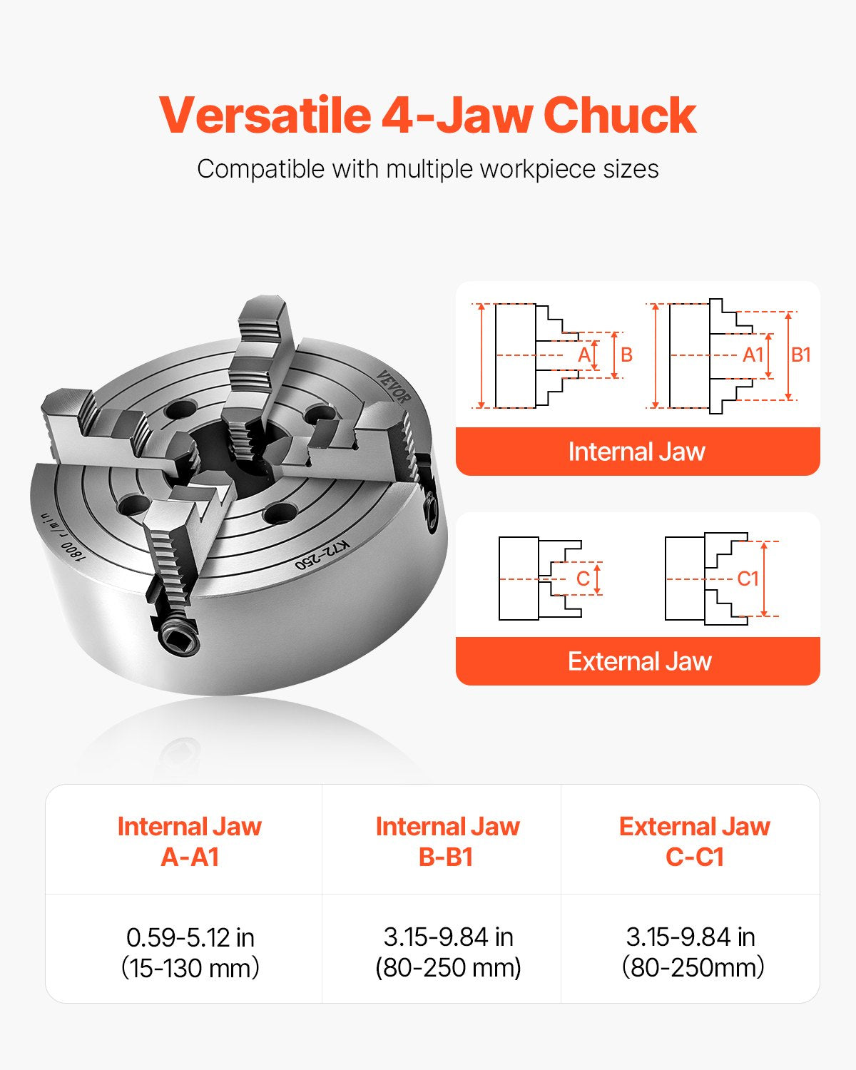 VEVOR 4-Jaw Lathe Chuck, 10 in (250 mm), Lathe Chuck, 0.6-9.84 in (15-250 mm) Clamping Range with T-key Fixing Screws Reversible Jaws, HT300 Cast Iron Material, Internal External for Wood Metal Lathe