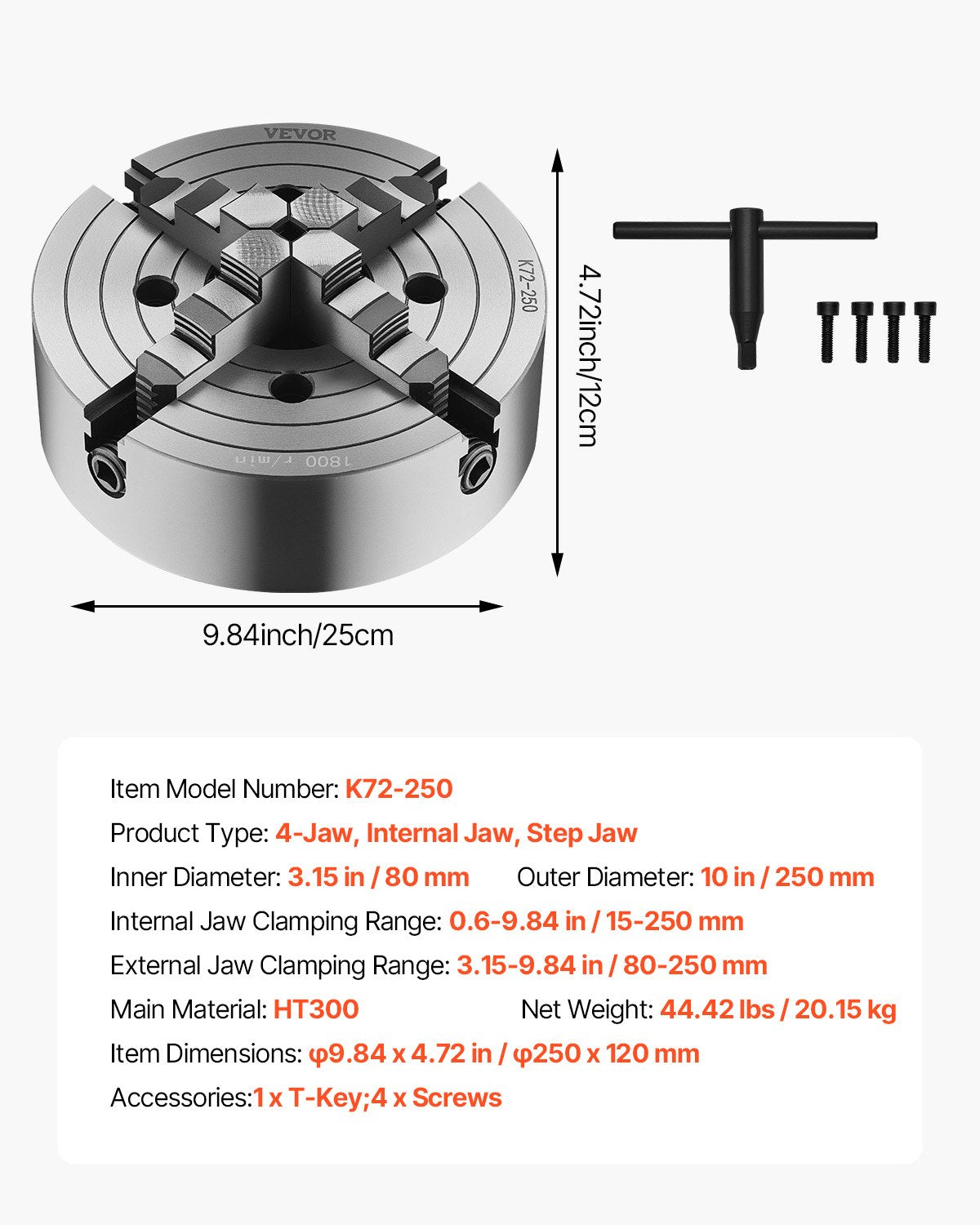 VEVOR 4-Jaw Lathe Chuck, 10 in (250 mm), Lathe Chuck, 0.6-9.84 in (15-250 mm) Clamping Range with T-key Fixing Screws Reversible Jaws, HT300 Cast Iron Material, Internal External for Wood Metal Lathe