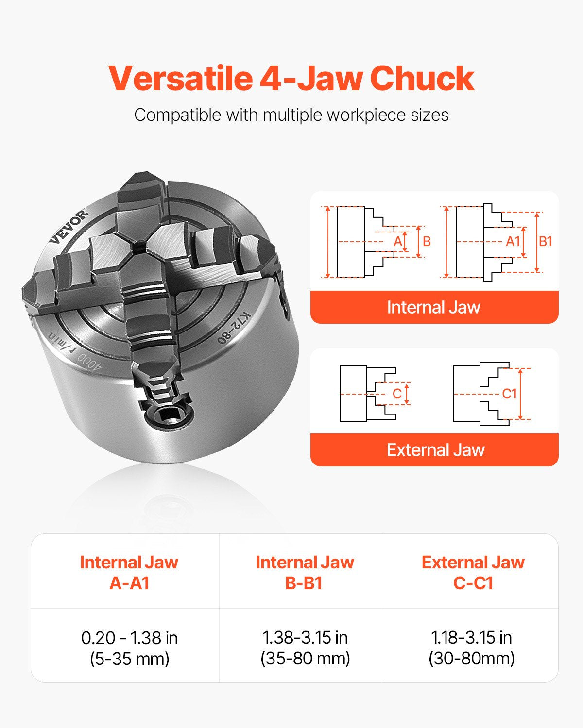 VEVOR 4-Jaw Lathe Chuck, 3 Inch (80 mm), 4-Jaw Chuck, 0.1-3.15 in (5-80 mm) Clamping Range with T-key Fixing Screws Reversible Jaws, HT300 Material, Internal External for Wood Metal Lathe