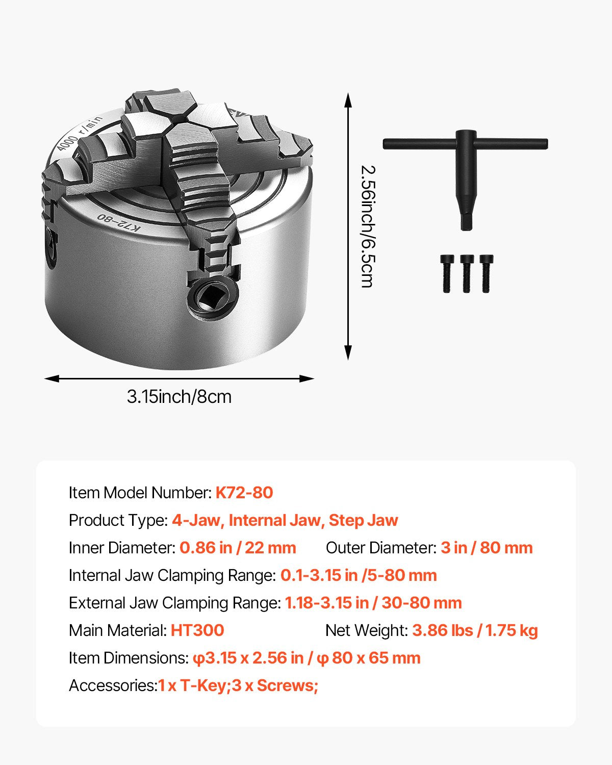 VEVOR 4-Jaw Lathe Chuck, 3 Inch (80 mm), 4-Jaw Chuck, 0.1-3.15 in (5-80 mm) Clamping Range with T-key Fixing Screws Reversible Jaws, HT300 Material, Internal External for Wood Metal Lathe
