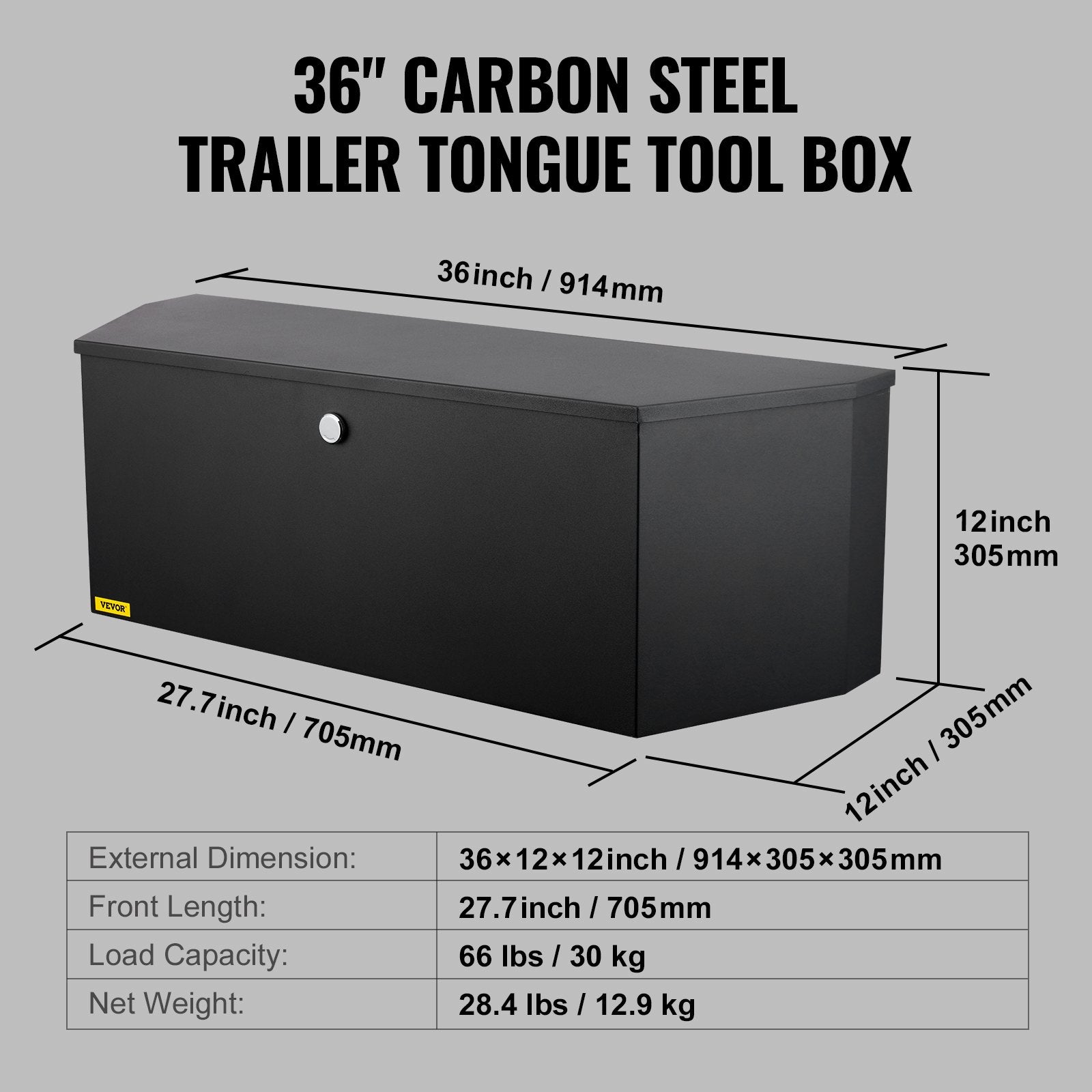 VEVOR Trailer Tongue Box, Carbon Steel Tongue Box Tool Chest, Heavy Duty Trailer Box Storage with Lock and Keys, Utility Trailer Tongue Tool Box for Pickup Truck Bed, RV Trailer, 91.44cmx30.48 cmx30.4