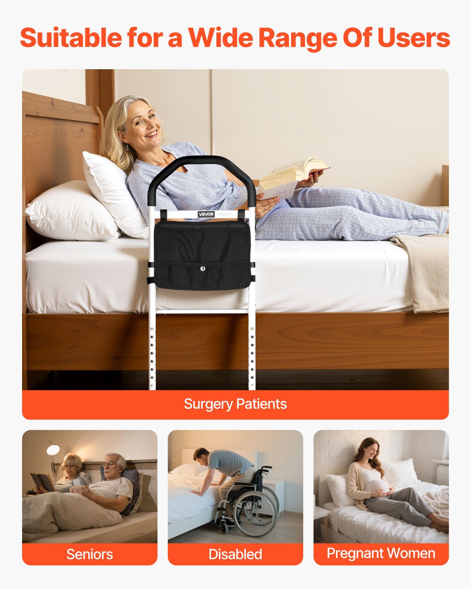 Bed Rail for Elderly, Bedside Assist Rails with Supporting Leg and PU Handrail, Adjustable Height Carbon Steel Pipe Bedside Cane, Bed Bars for Seniors & Patients, Fits King, Queen, Full, Twin