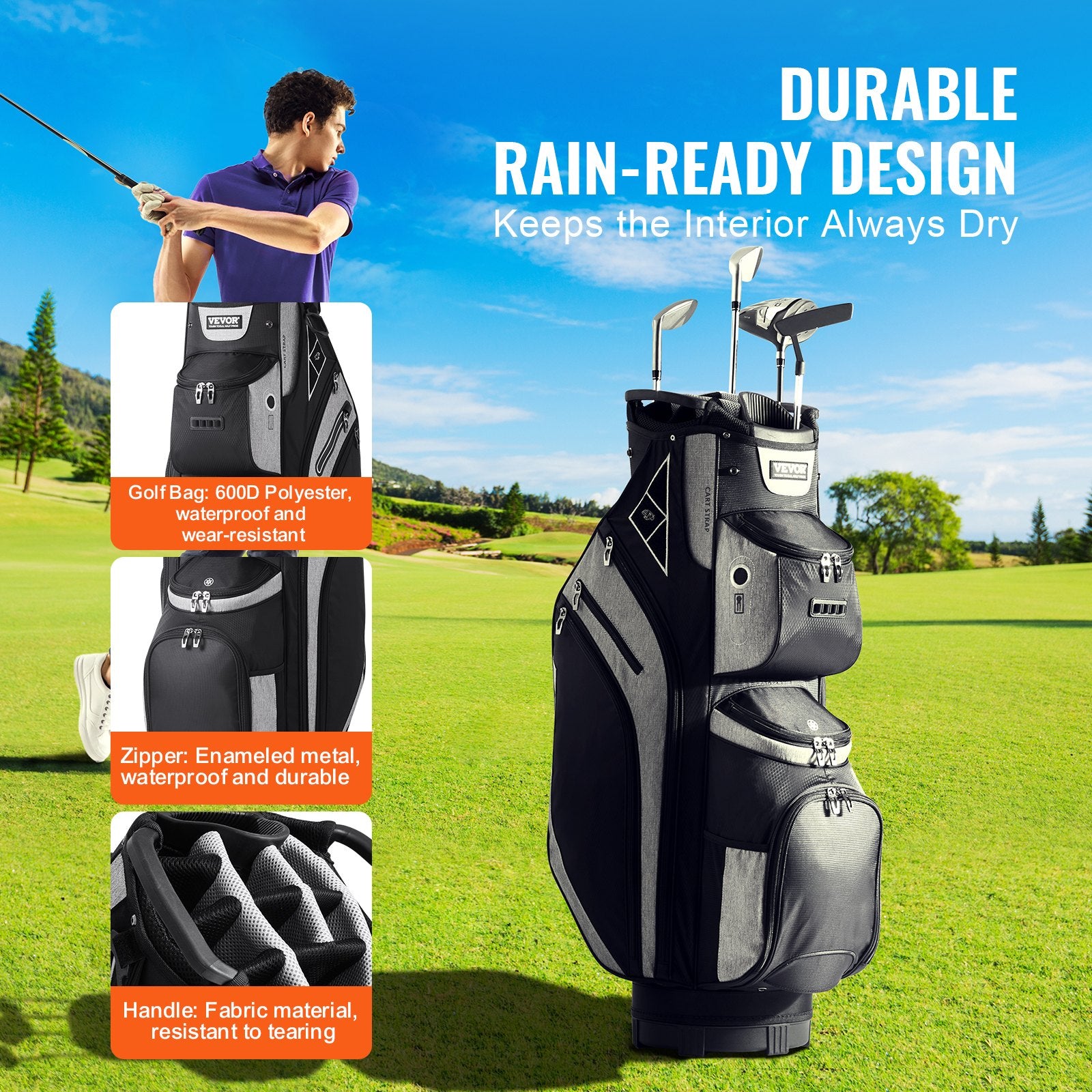 VEVOR Golf Cart Bag with 14 Way Organizer Divider Top, 13 Pockets Premium Cart Bag, Durable 600D Polyester Fabric Golf Bags with Handles & Dust Cover & Detachable Straps for Men & Women, Black Color-Block