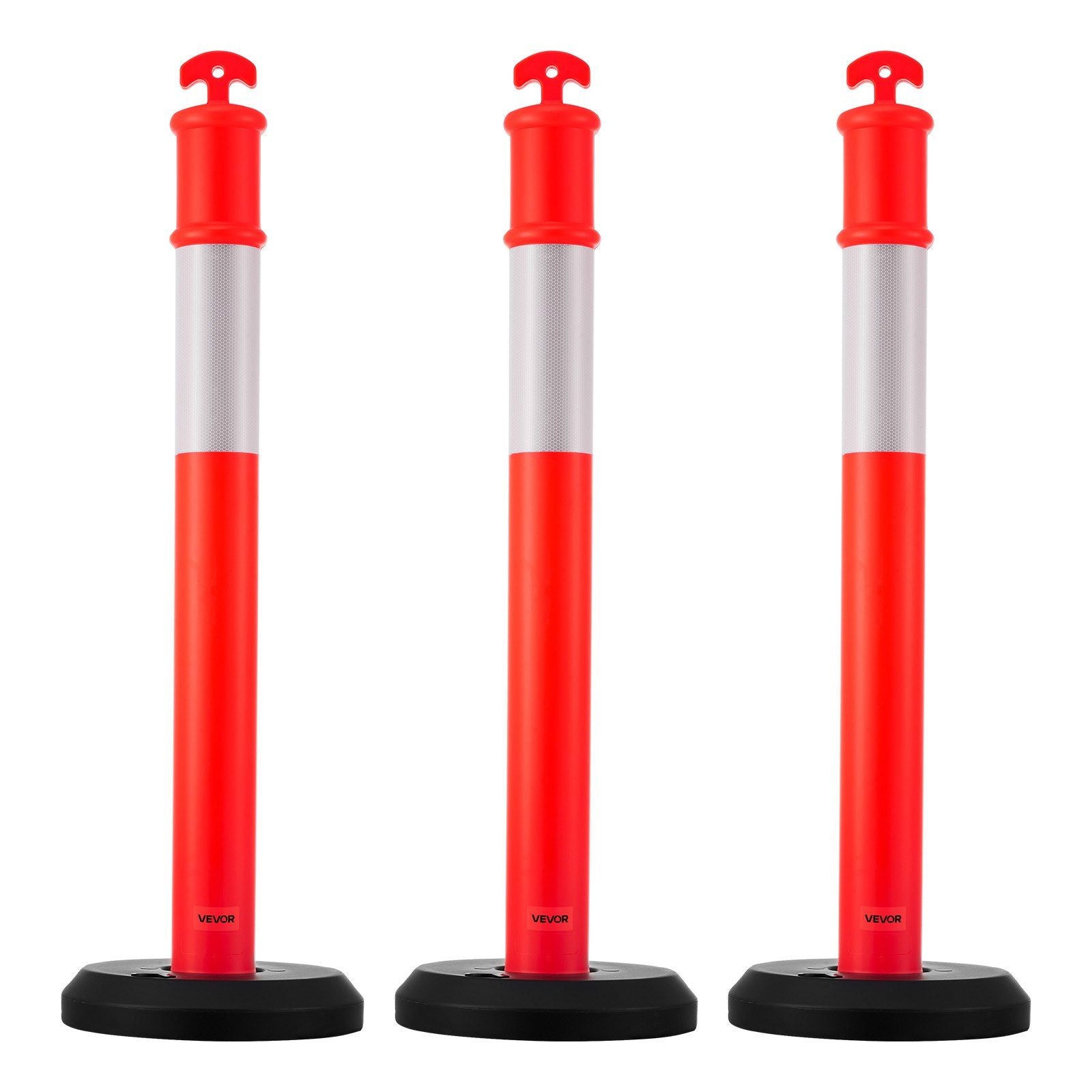 3 Pack Traffic Delineator Posts, 1140 mm Traffic Safety Cones with Fillable Base and Reflective Strips, Heavy Duty Delineator Posts for Construction Site, Parking Lot, Crowd Control, Red