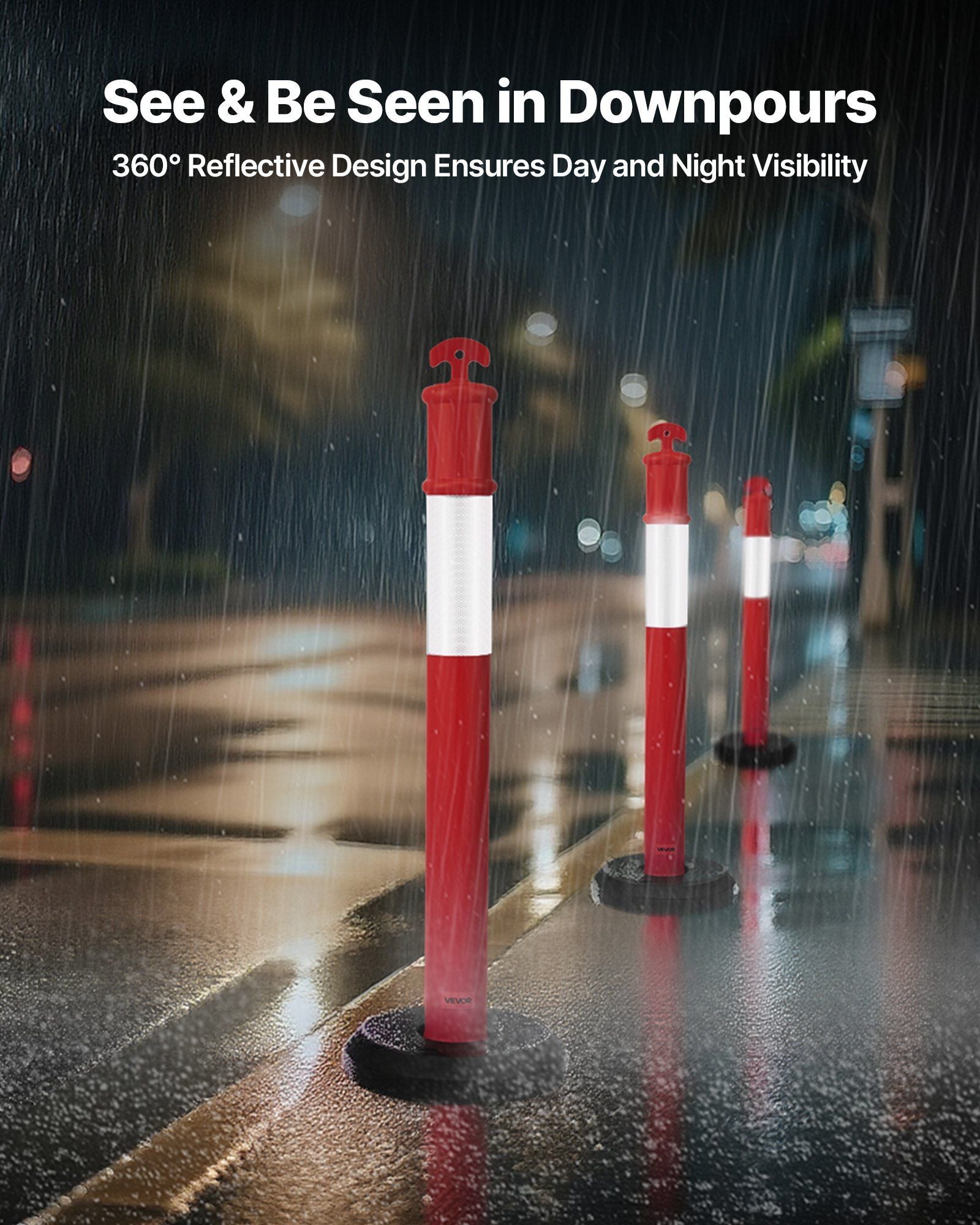 2 Pack Traffic Delineator Posts, 1140 mm Traffic Safety Cones with Fillable Base and Reflective Strips, Heavy Duty Delineator Posts for Construction Site, Parking Lot, Crowd Control, Red