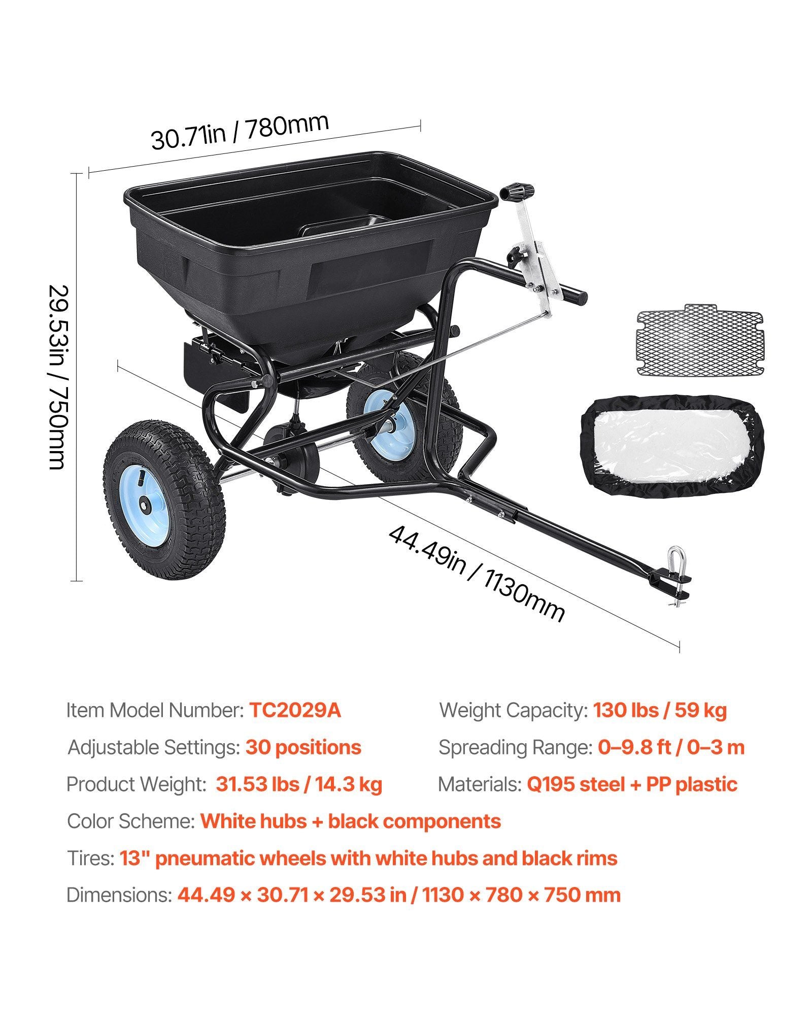 Tow Behind Broadcast Spreader, 130LBS Capacity, Tow/Push Garden Spreader with 13 in Tires, 30 Adjustable Setting & 9.8 ft Spreading Width, Lawn Spreaders for Seed, Fertilizer, Salt, Ice Melt